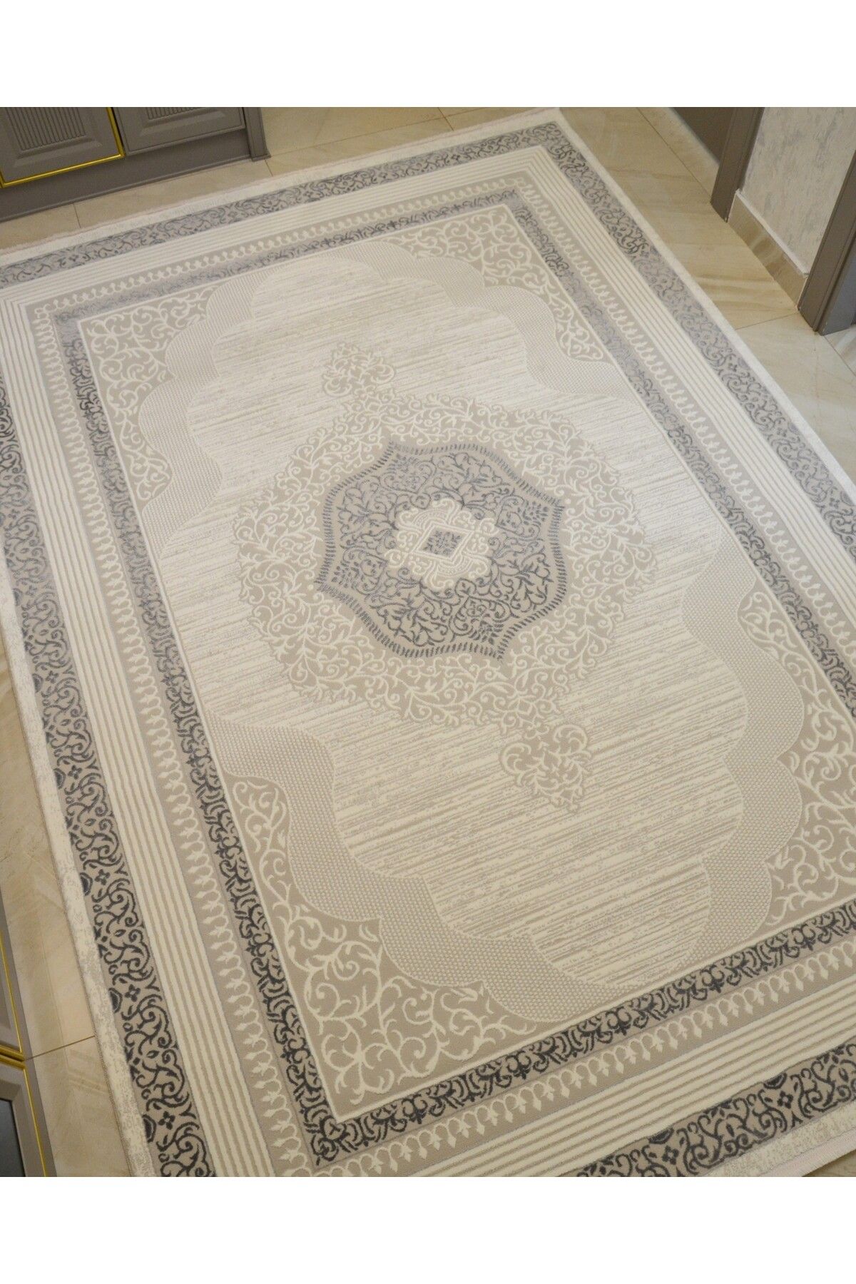 Home Modern Klasik Gri Beyaz Salon & Oturma Odası Halısı 200 x 290 Cm