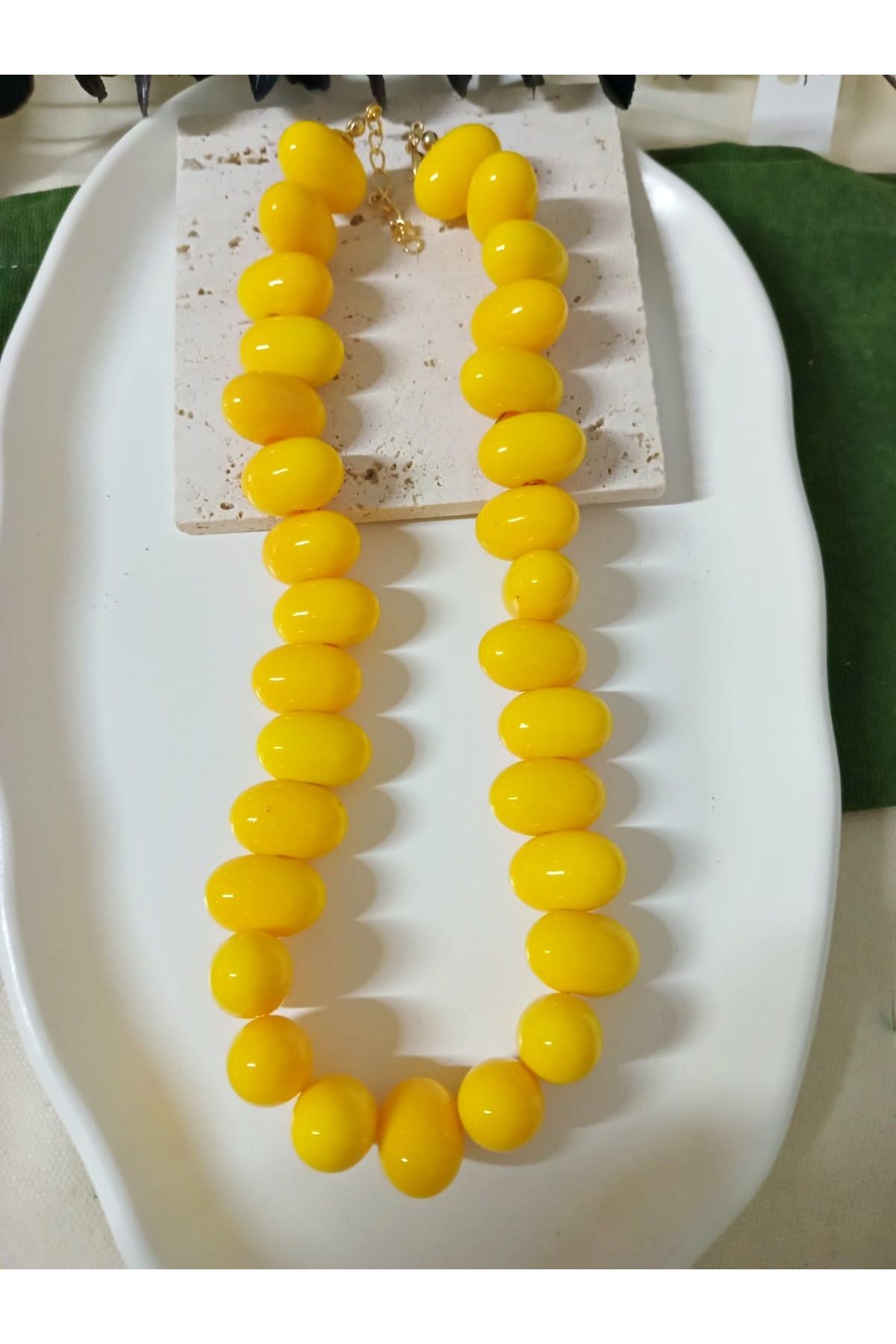 mos&more Marka Kolye, Koyu Sarı İri Boncuklu Şık Kadın Kolye, Yaz Modası