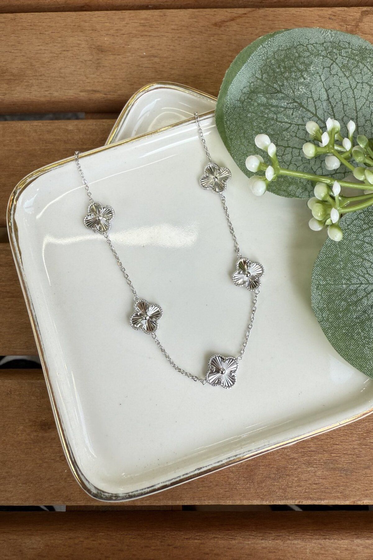 My Joyas Design 14K Altın Kaplama 5'li Yonca Kolye Silver 48cm