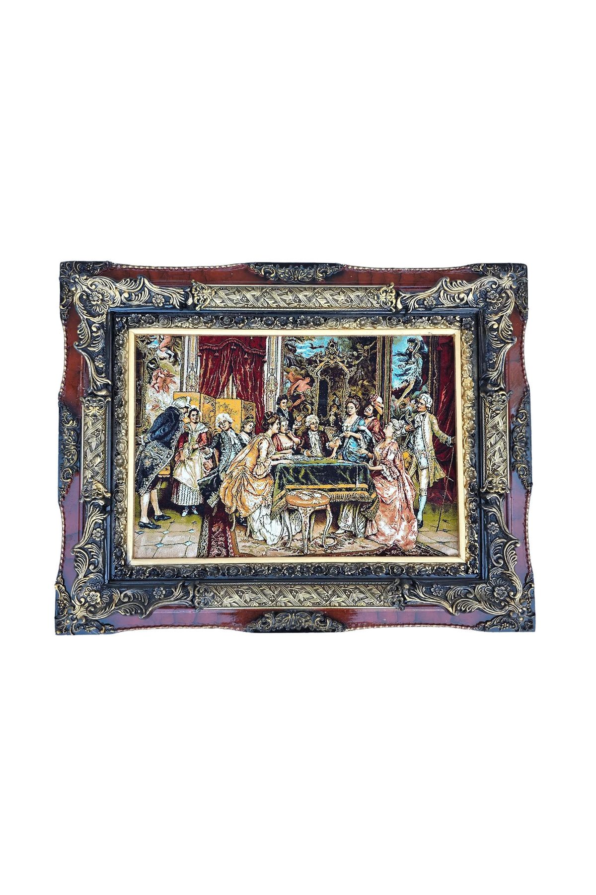 Hasyılmaz Fransız Aile Toplantısı Temalı İran Tebriz Halı Tablo 95x75 cm - Duvar Halı Kilim Tablo