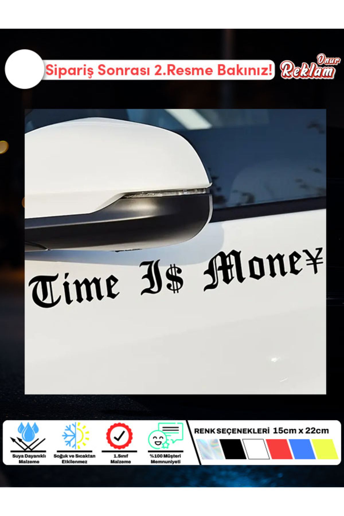 Onur Reklam Time Is Money Yazılı Araba Stickerı – Retro Yazı Tipli Vinil Etiket (15×22 cm)