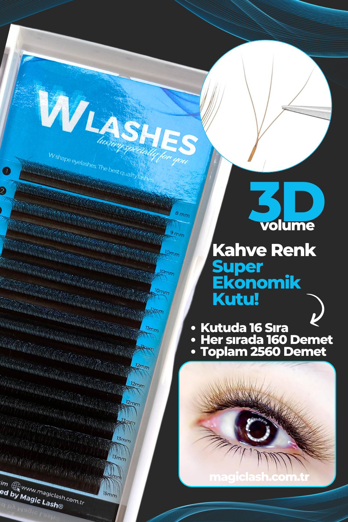 Magic Lash Kahve Renk 3D Volume W Lash 8-15mm Mix İpek Kirpik Kutuda 2560 Adet Demet
