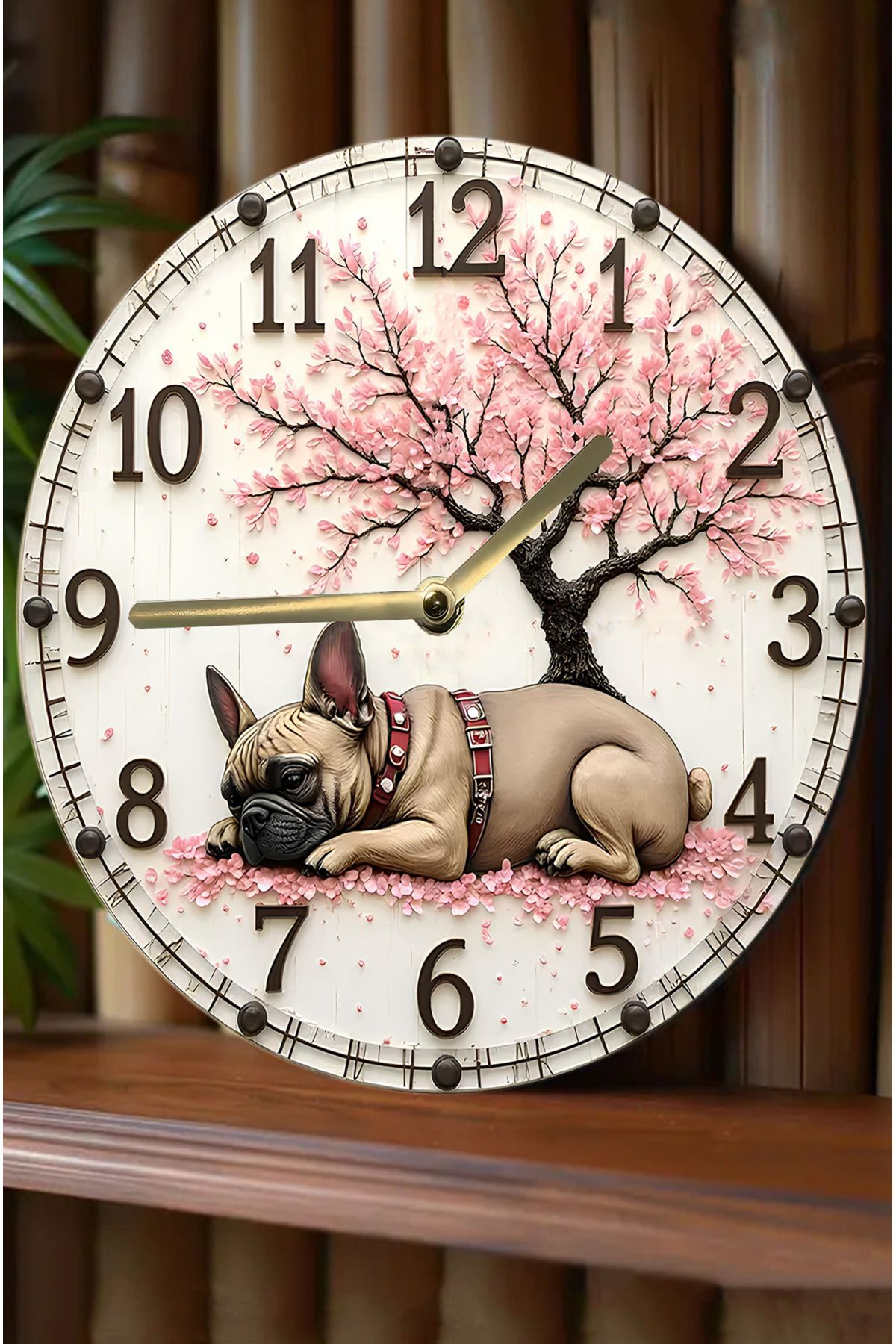 kutuTR 🕒 Sakura Ağacı ve Fransız Bulldog Temalı MDF Duvar Saati (33 cm) sdw325