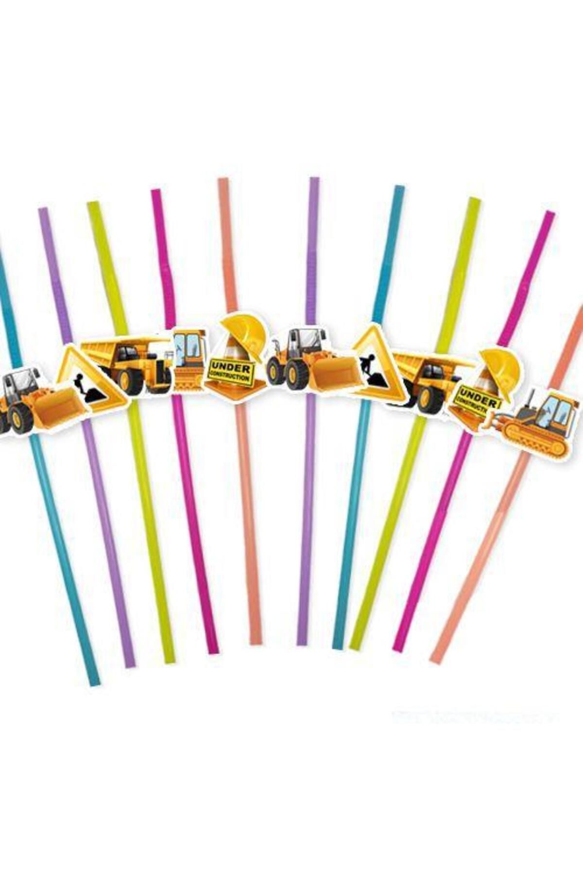 DODOMAR Pipet İnşaat araba ve görselli 10lu artistik pipet doğum günü eğlenceli pipet