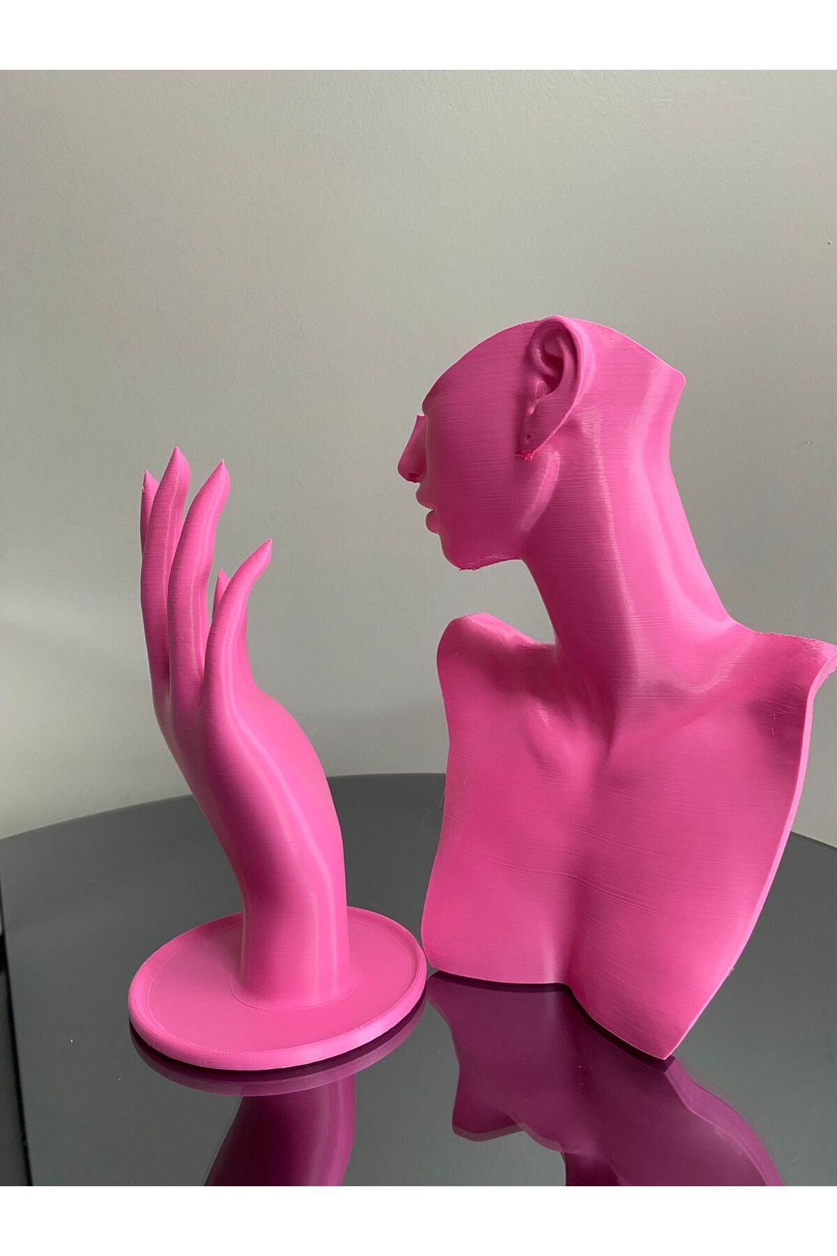 Goplast Premium Pembe Renk Dekoratif Takı Mankeni ve El 2'li Set Takı Teşhir Standı 21 ve 18 Cm Takı Organizeri Küpe