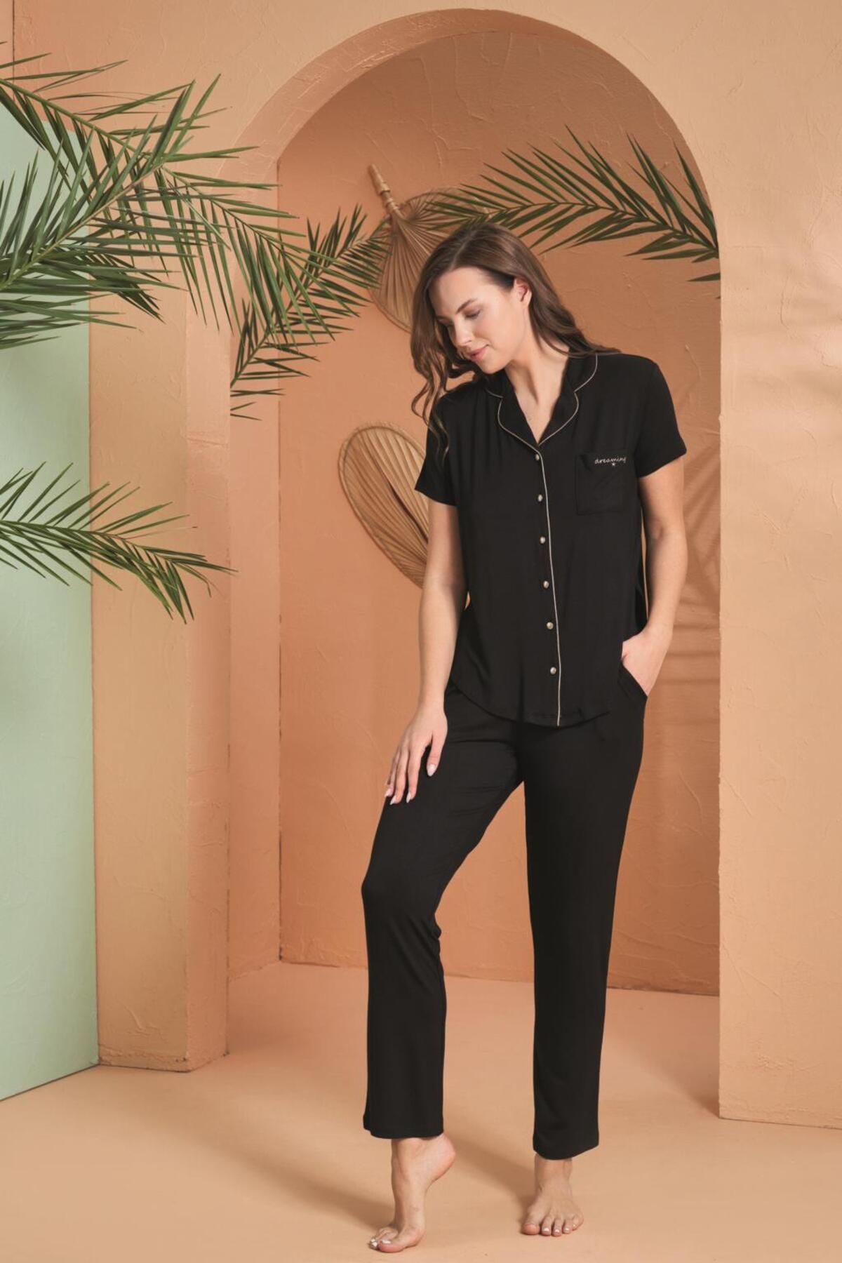 PJS Kadın Siyah Önden Düğmeli Pijama Takımı 27069