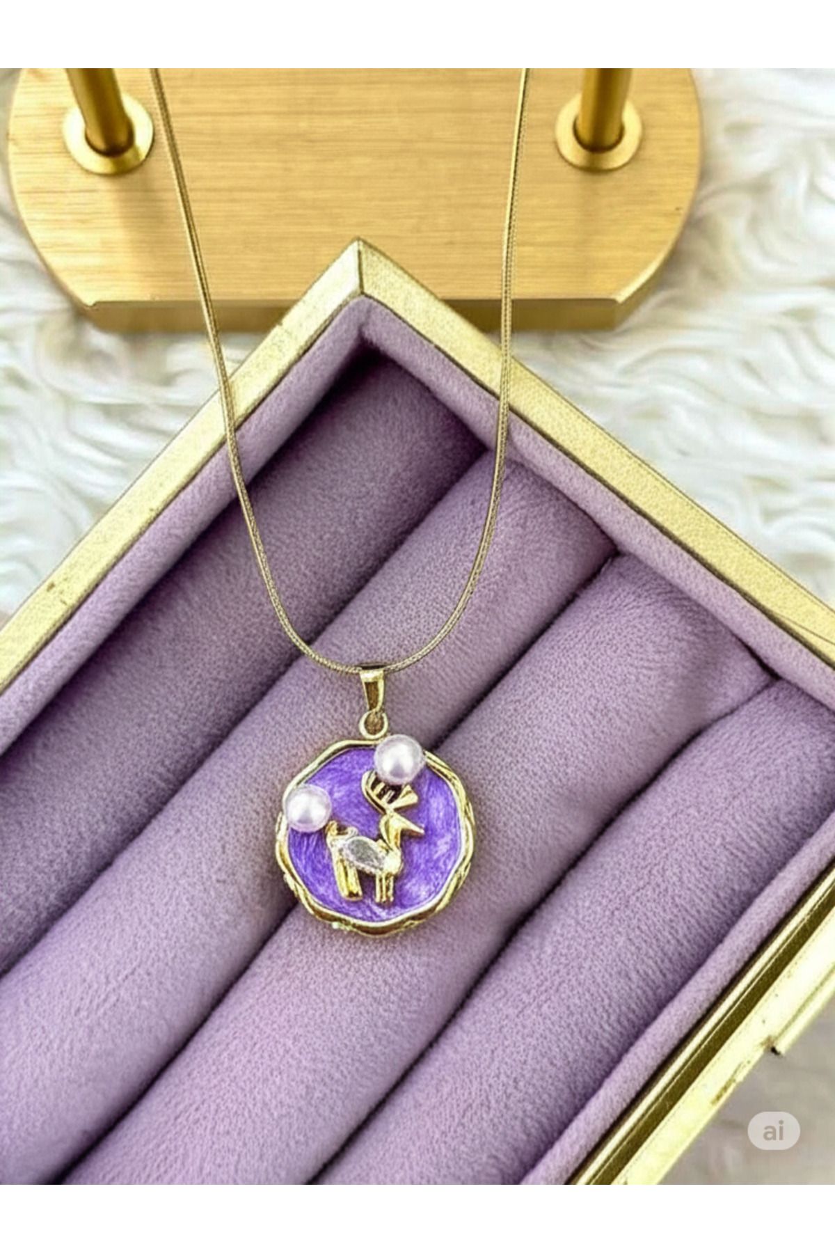 shop Zarif İncili Geyik Detaylı Lila Kolye