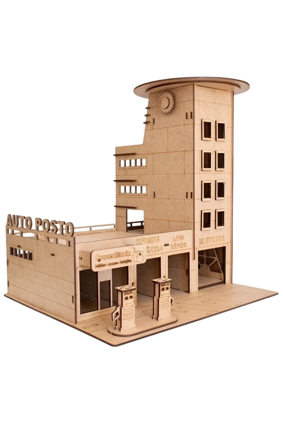 ALGWOOD Ahşap Mdf Benzinlik ve Otopark Maketi - 67 Parça 3D Puzzle Katlı Otopark Seti
