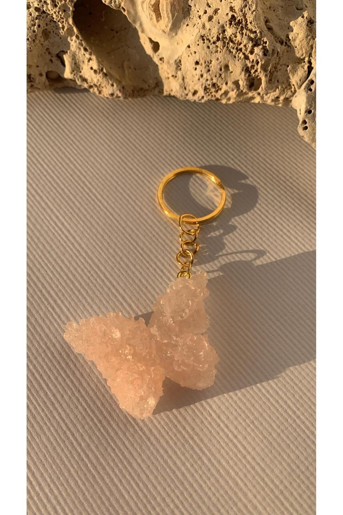 MISS GOLDEN Sedefli Pudra Renkli Kelebek Şekil 3D Kabartmalı Gold Halka Anahtarlık El Yapımı Epoksi Hediyelik