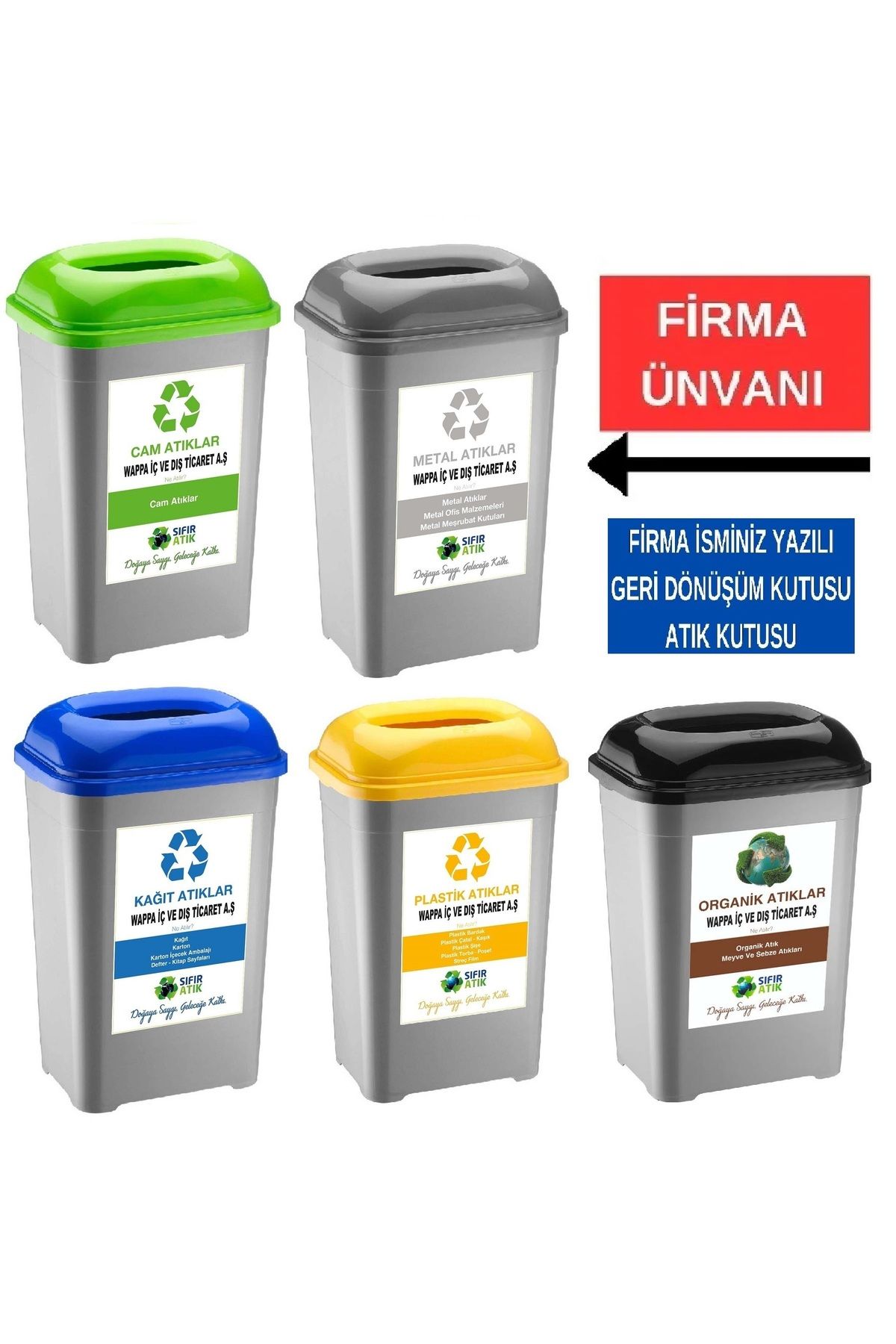 DEEMBRO Firma Ismi Yazılı Sıfır Atık Kutusu Geri Dönüşüm kutusu 50 Lt * 5 Adet özel set 33*43*60 Cm