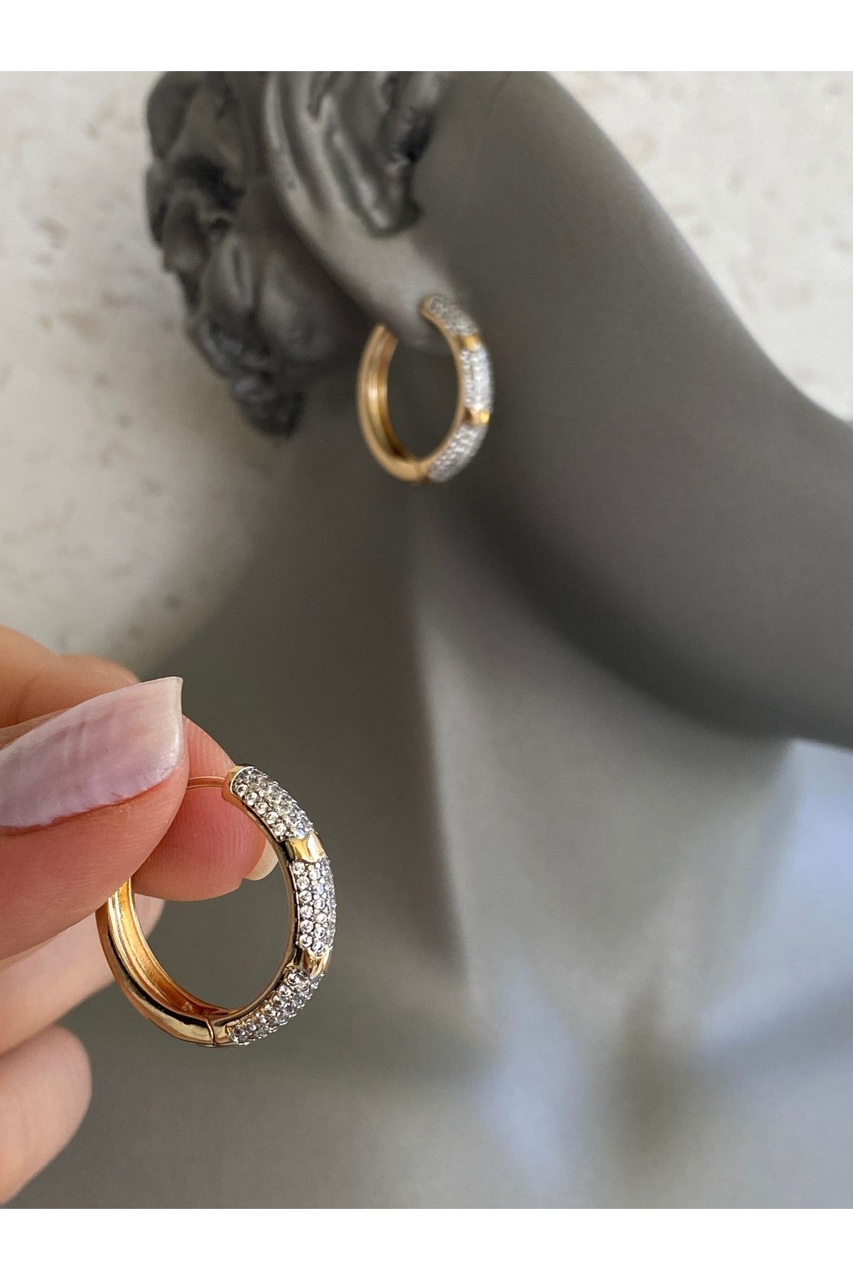 Lucios ALTIN İŞÇİLİKLİ ROSEGOLD-GÜMÜŞ DETAYLI TAŞLI HALKA KÜPE
