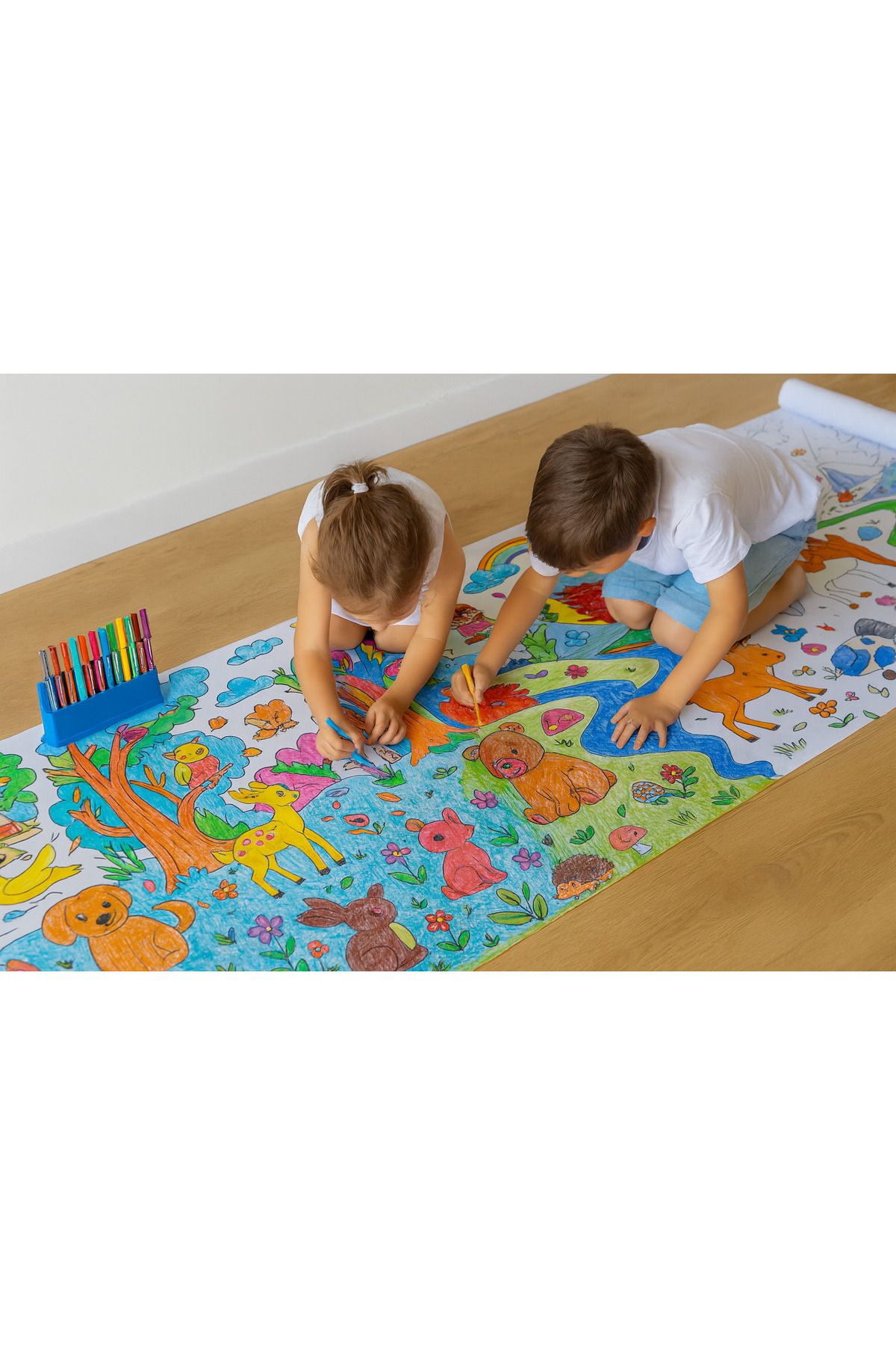 WeSank 🎨 2 Metre Rulo Dev Boyama Kağıdı + 12’li Keçeli Kalem Seti | Orman ve Hayvanlar Temalı | Objehouse