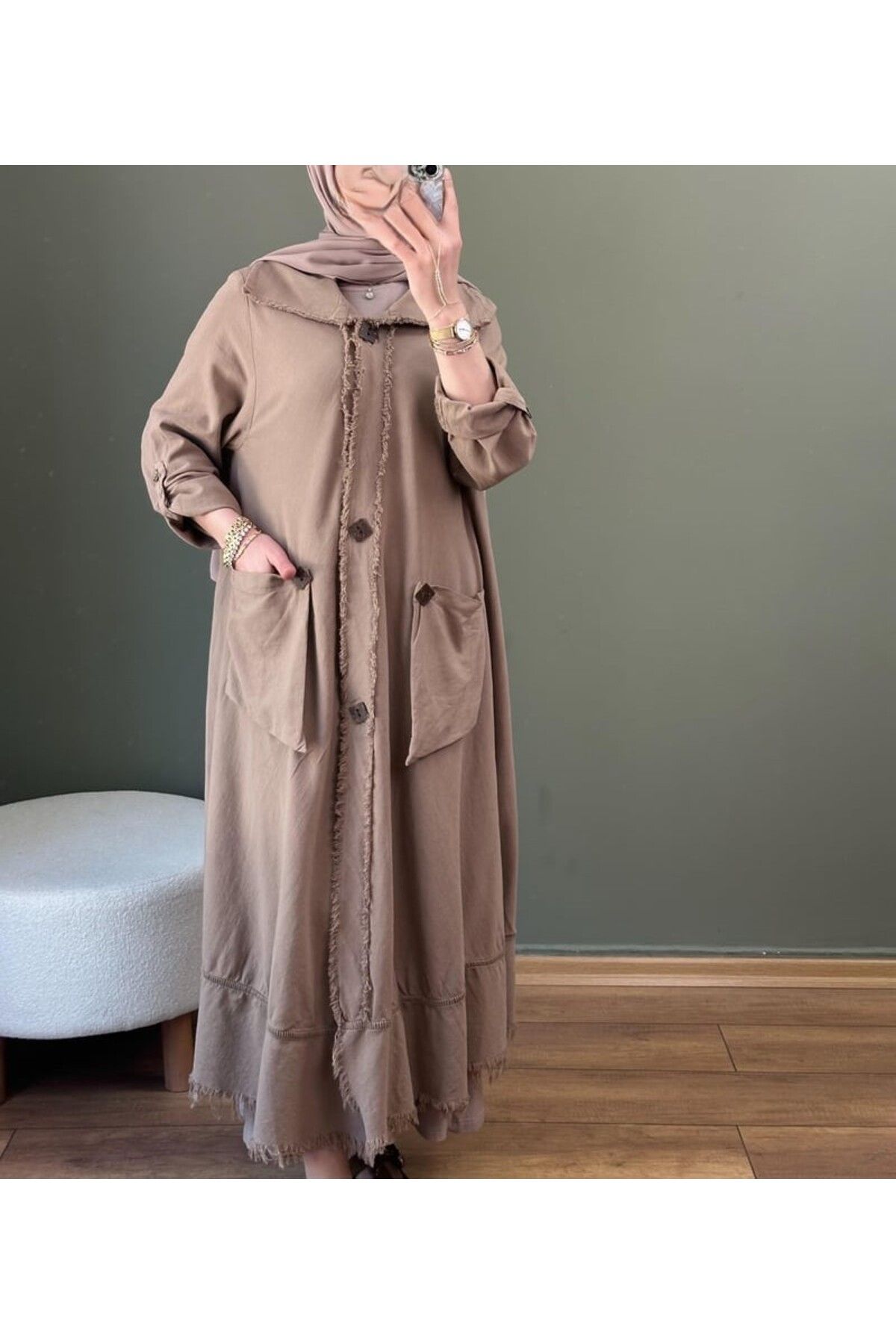 MODA Tahta Düğmeli Keten Kap