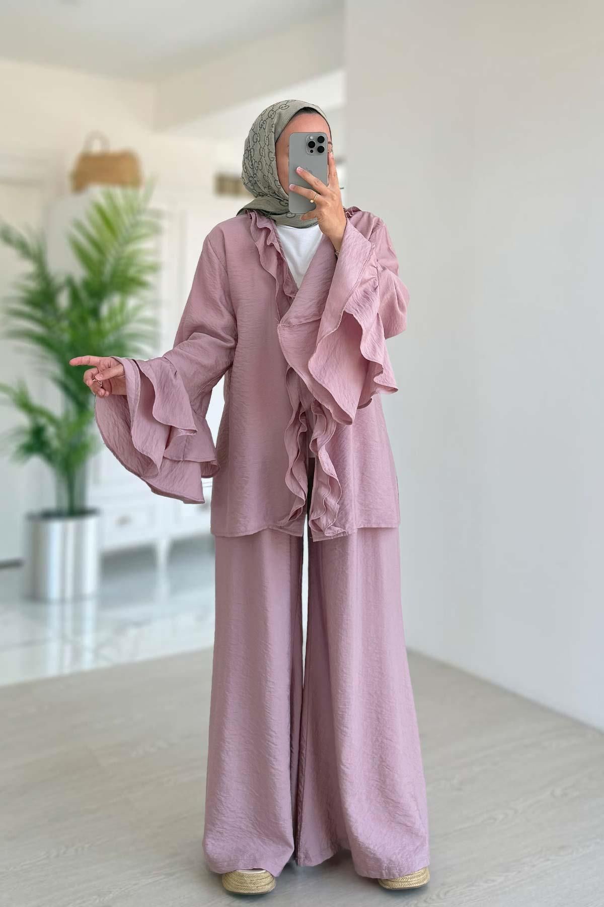 Ka Hijab Fırfır Detaylı Volan Kollu Takım - Pembe