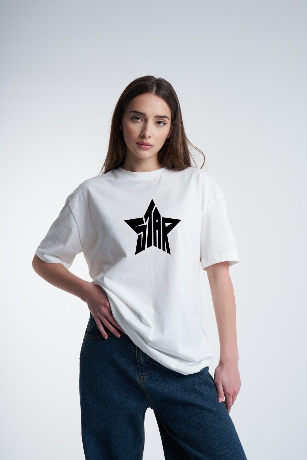 Rokeby Premium Kalite Pamuk Penye - Oversize Kadın Tişört – Yazlık – Star Yıldız Baskılı – Beyaz T-shirt