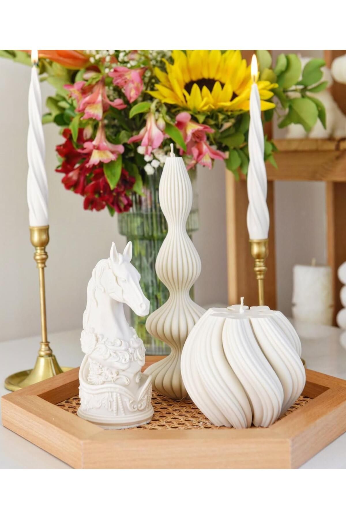 SCA CANDLE Dekoratif Mum At +Marako +Dalga +Şamdanlık Mum Toplam 5 Parça