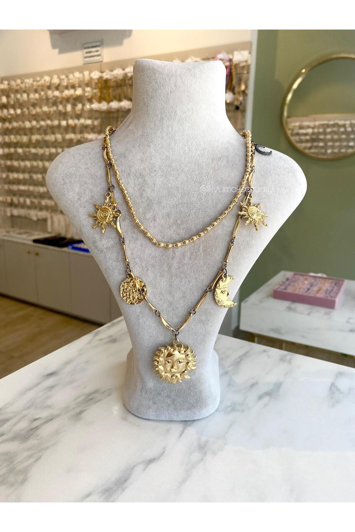 Lilyum Aksesuar Marka Model Güneş Ay Plaka Charmlı Gold Sarı Altın Rengi İkili Kolye (Klipsleri Ayrı)