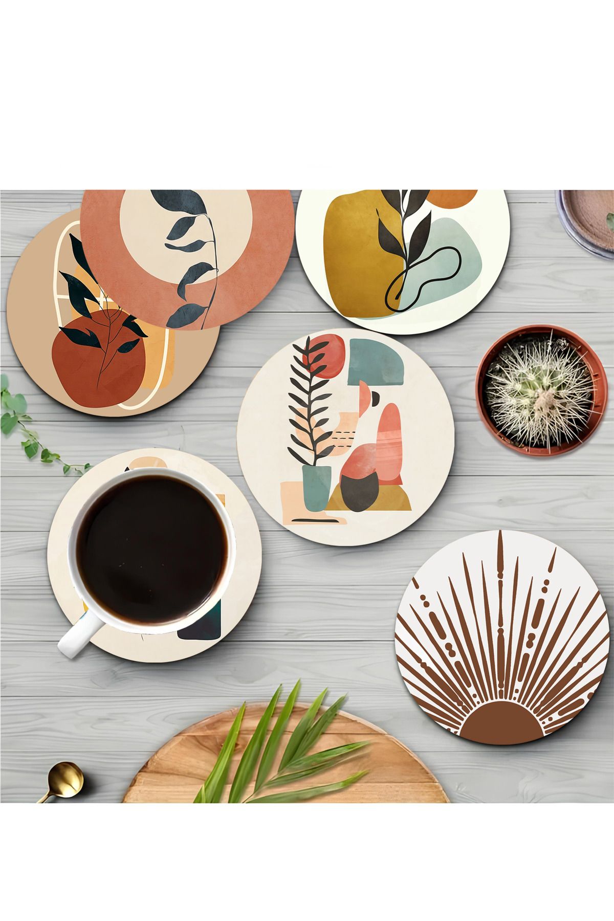 kutuTR Abstrakt Yaprak Desenli 6'lı MDF Çay & Kahve Altlığı Seti BRD-026