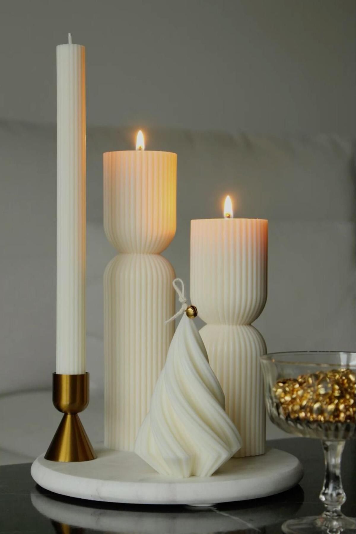 SCA CANDLE Dekoıratif Mum Çokgen +Şamdanlık mum +Çam Ağaç Toplam 4 Parça