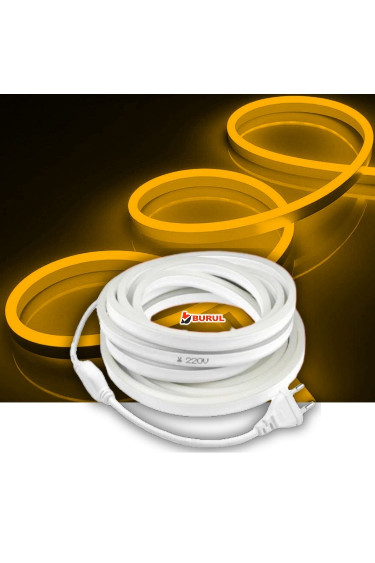 burul SB-6509 3 Metre Amber Işık Neon Led Şerit Dış Mekan Silikonlu Esnek Dekoratif Aydınlatma 220v Fişli