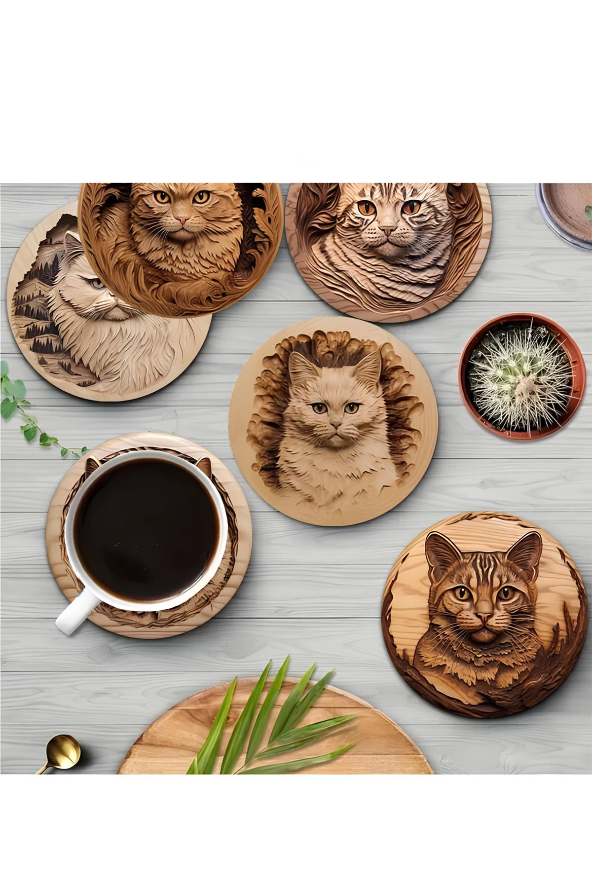 kutuTR 🐾 Ahşap Oyma Görünümlü Kedi Desenli 6’lı MDF Altlık Seti BRD-023