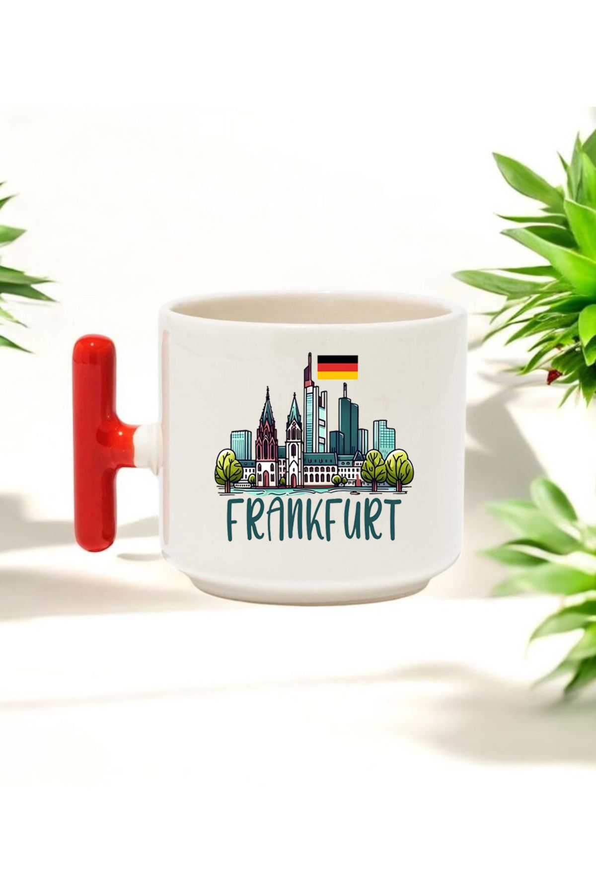 BB TRADE Frankfurt Tasarımlı Kırmızı T Kulplu Seramik Baskılı Kupa Bardak 250 ML