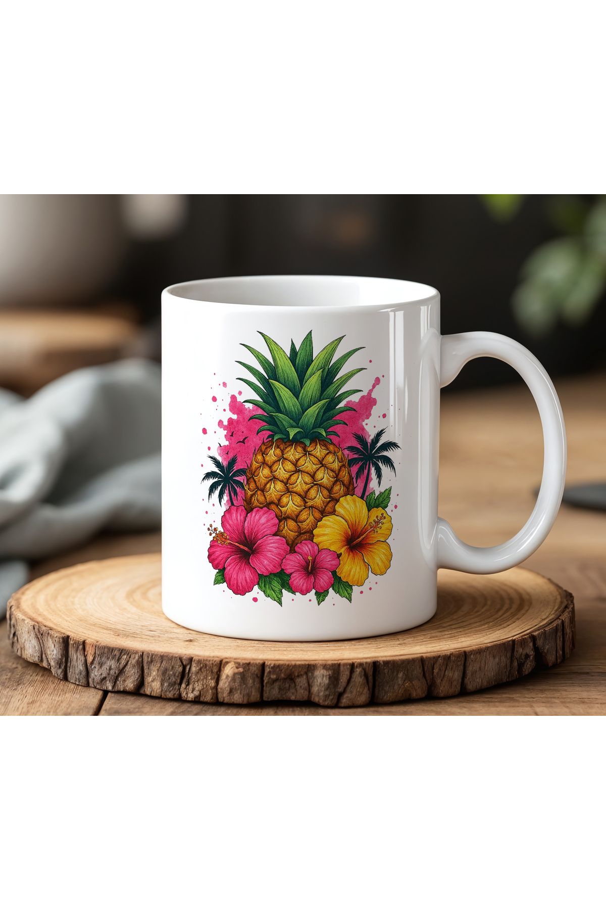 BB TRADE Ananas Tasarımlı Beyaz Seramik Baskılı Kupa Bardak 330ml