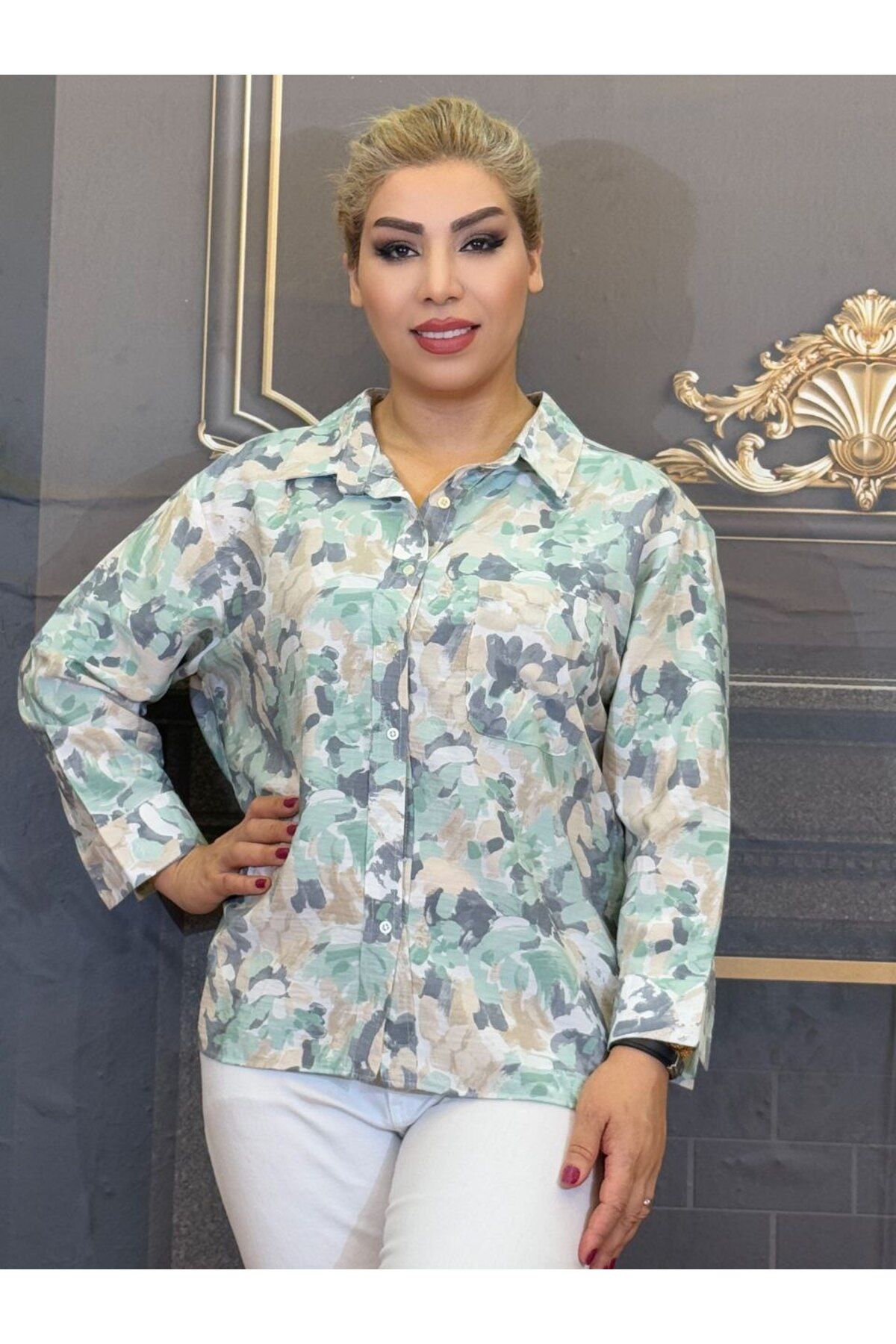 Yeşilmoda Gömlek Pamuklu viskon Erkek yaka Uzun kollu Desenli Standart beden tek cepli günlük Çok renkli