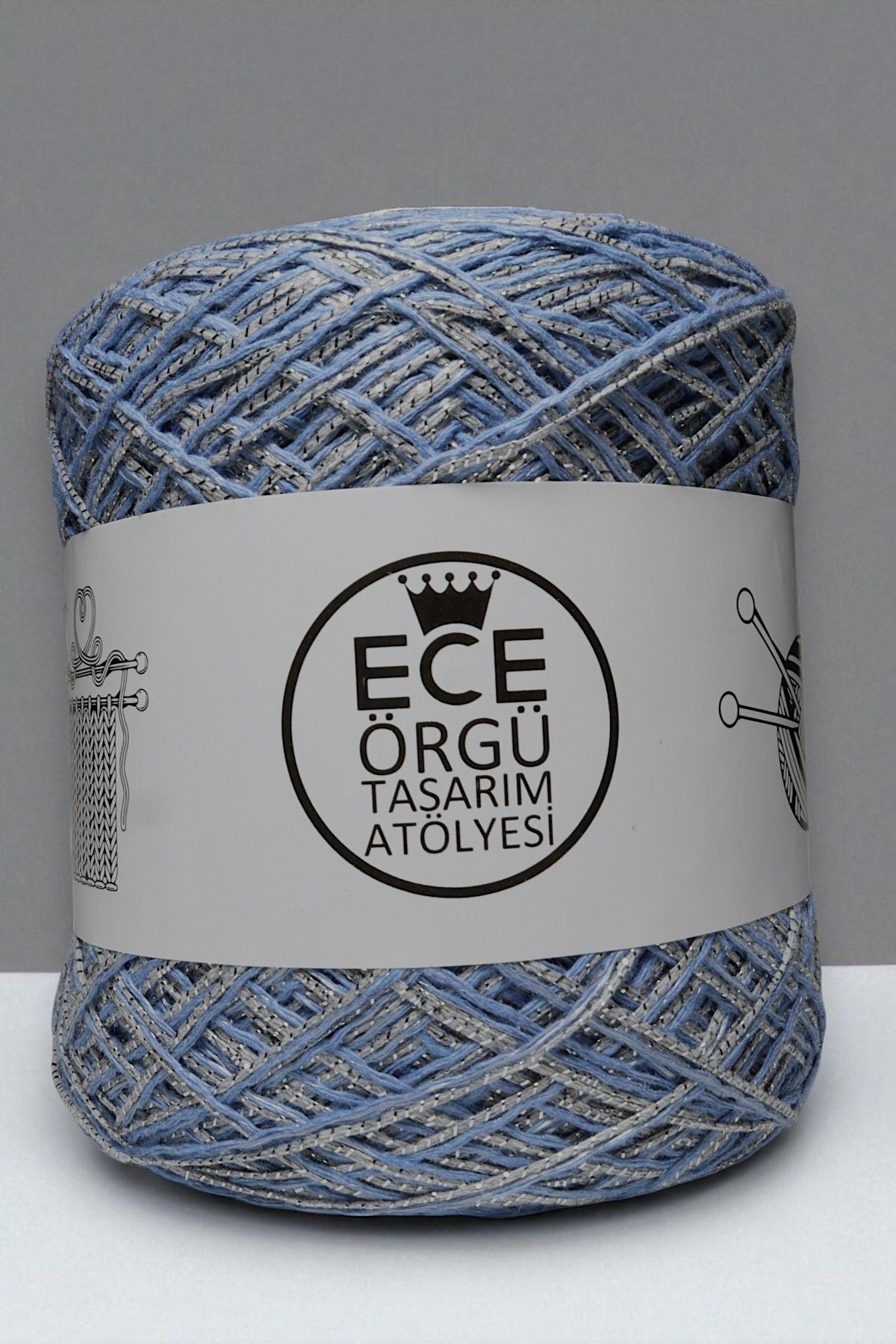 Ece Örgü Tasarım Atölyesi Viskon üzeri gümüş sim sarılı ip ile mavi floş el örgü ipi (100 gr.)