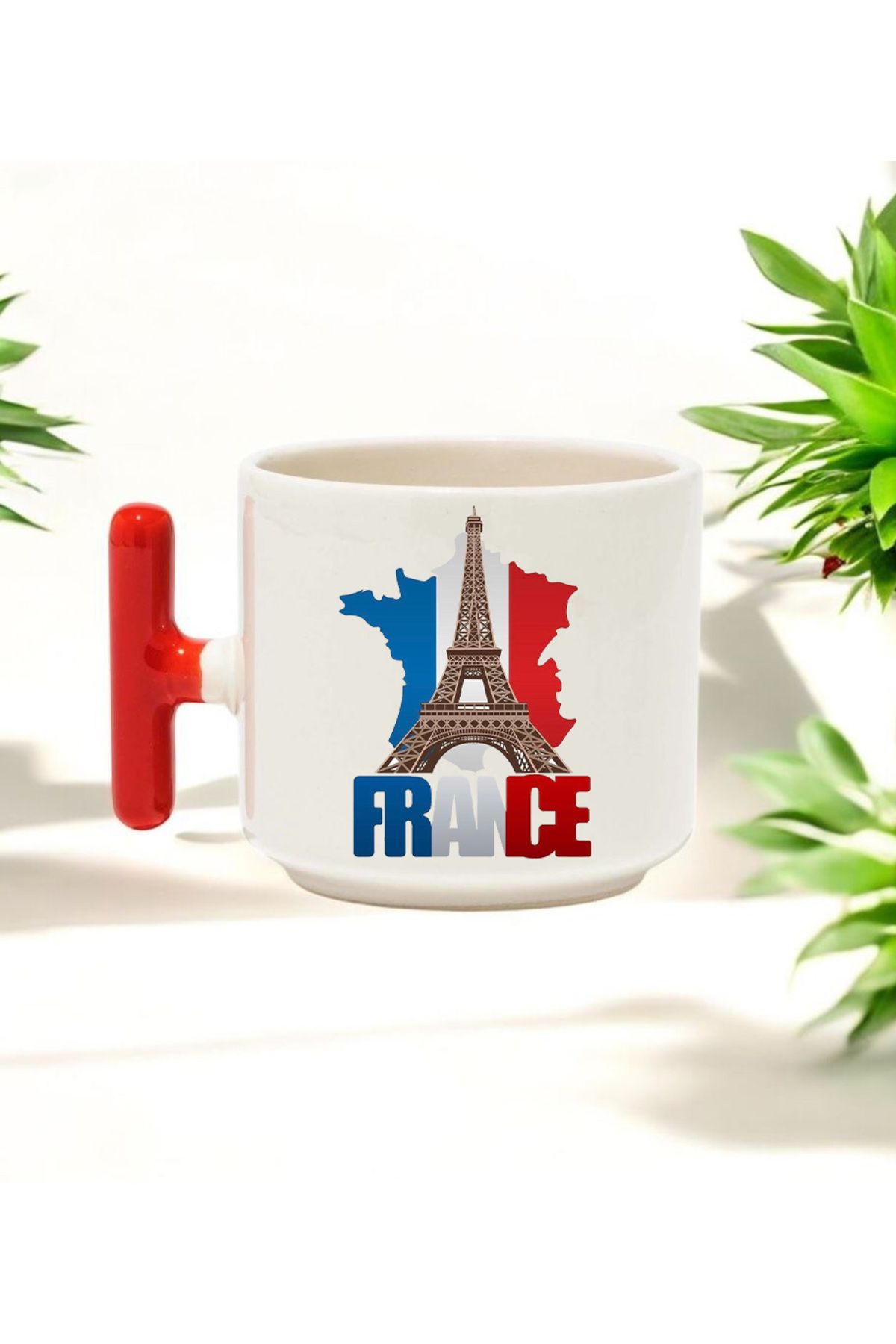 BB TRADE France Tasarımlı Kırmızı T Kulplu Seramik Baskılı Kupa Bardak 250 ML