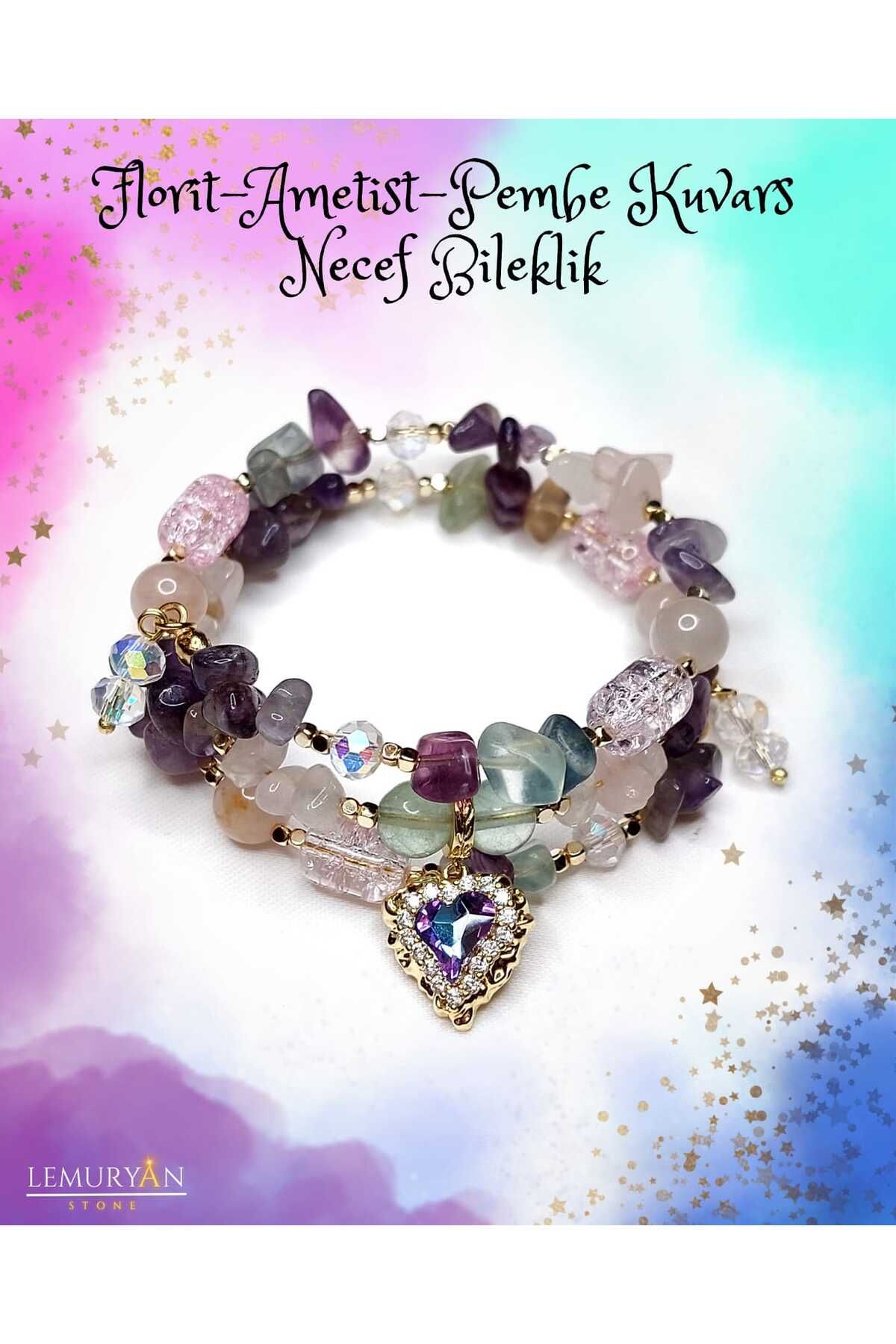 Herkimer Doğal Taş Florit - Ametist - Pembe Kuvars (Rose Kuvars) - Necef Taşı Tasarım Helozon Doğaltaş Bileklik