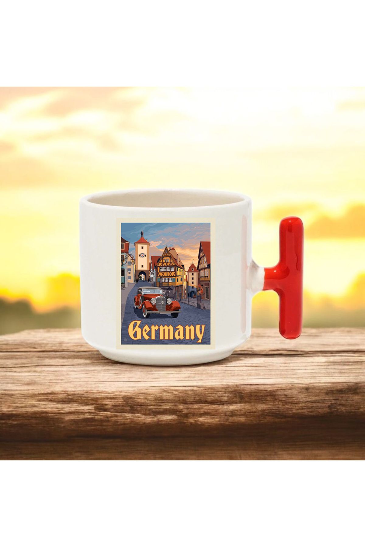 BB TRADE Germany Tasarımlı Kırmızı T Kulplu Seramik Baskılı Kupa Bardak 250 ML