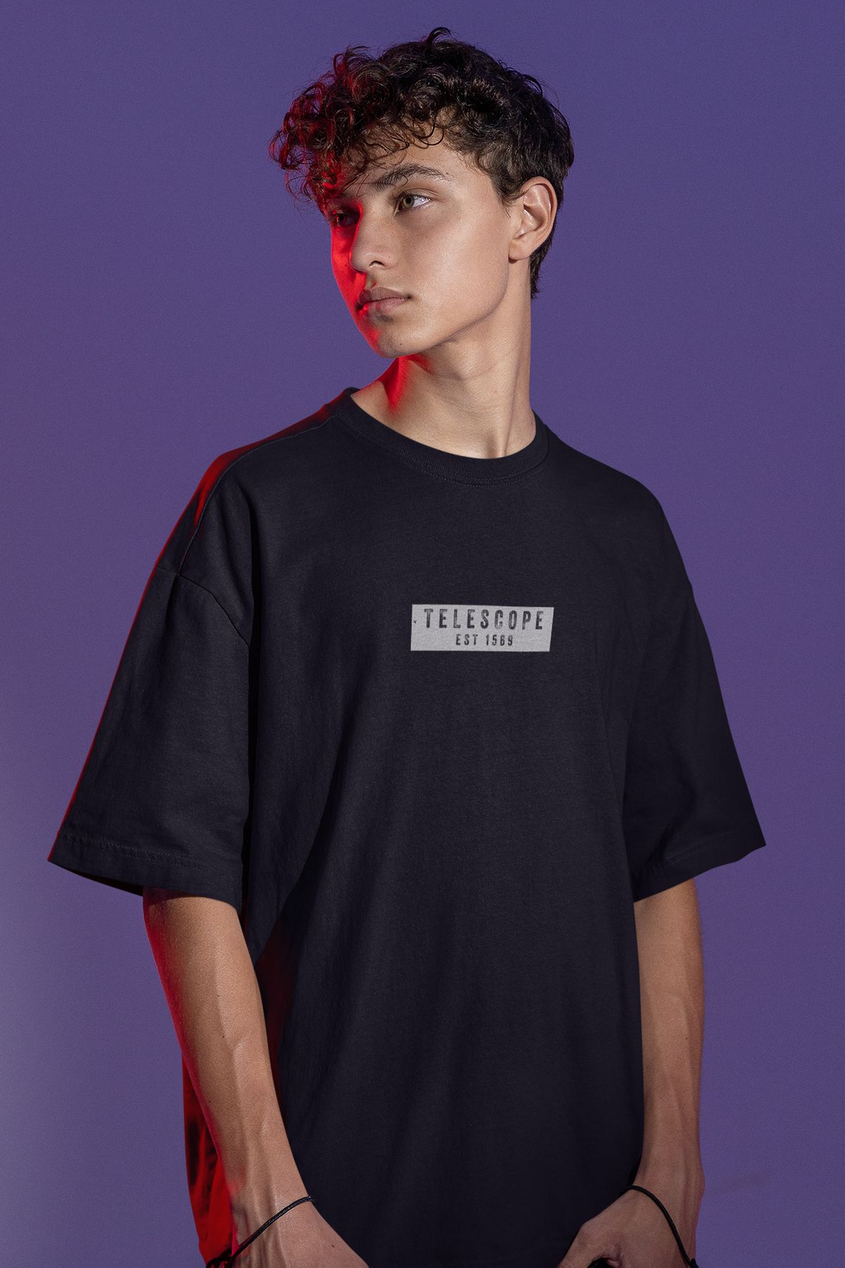 Uniquetex NUBENSE / TELAS-08 - Oversize Unisex Teleskop Baskılı Siyah Bisiklet Yaka T-shirt (Bilim Tişört)