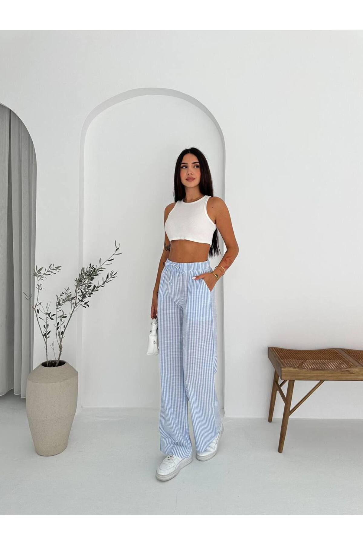 Noa Noa Çizgili Bol Paça Keten Pantolon