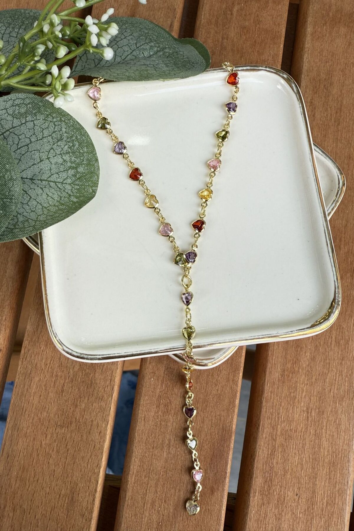 My Joyas Design 14K Altın Kaplama Renkli Taşlı Kalp Y Kolye Gold 48cm