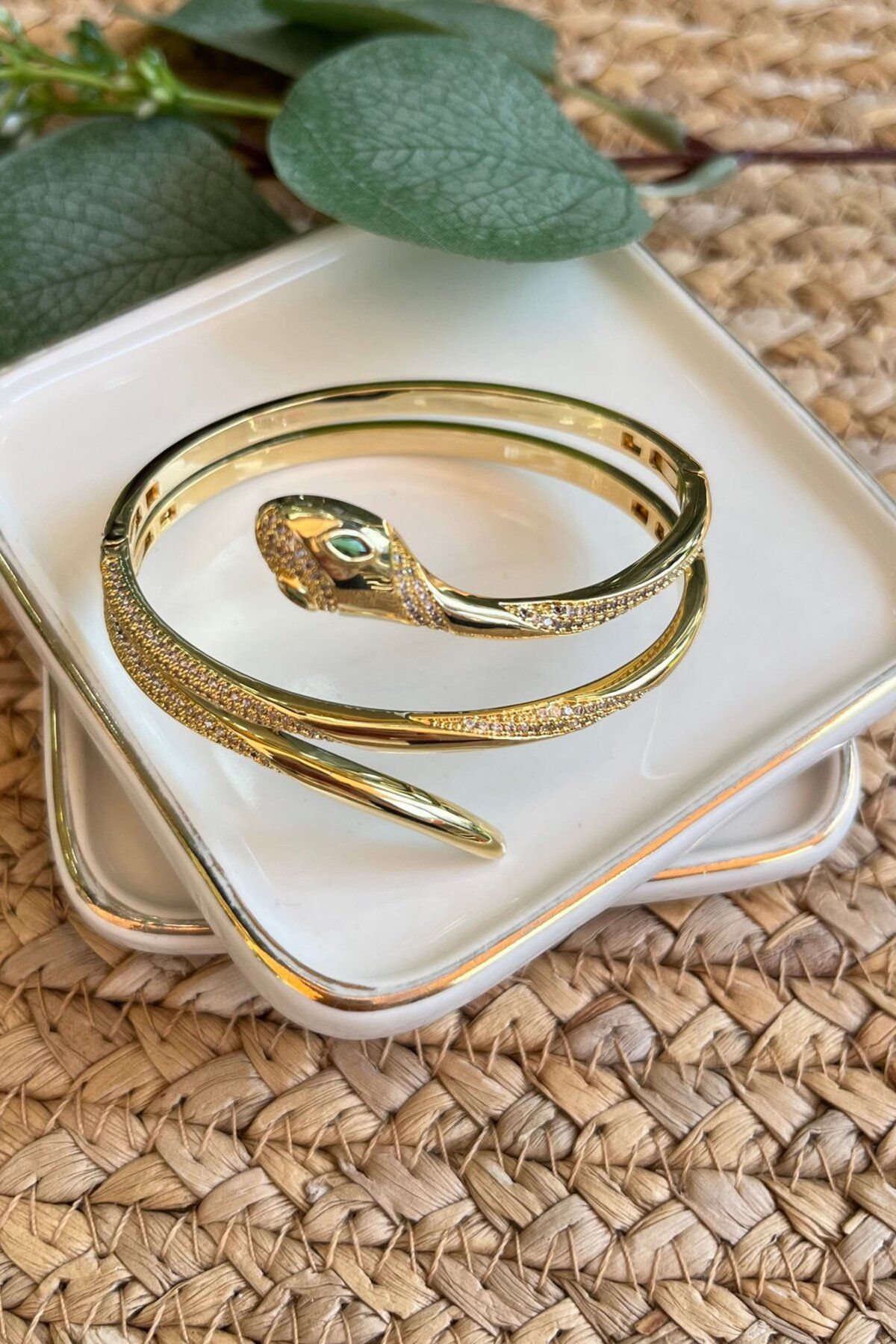 My Joyas Design 14K Altın Kaplama Yeşil Gözlü Yılan Açılabilir Bilezik Gold
