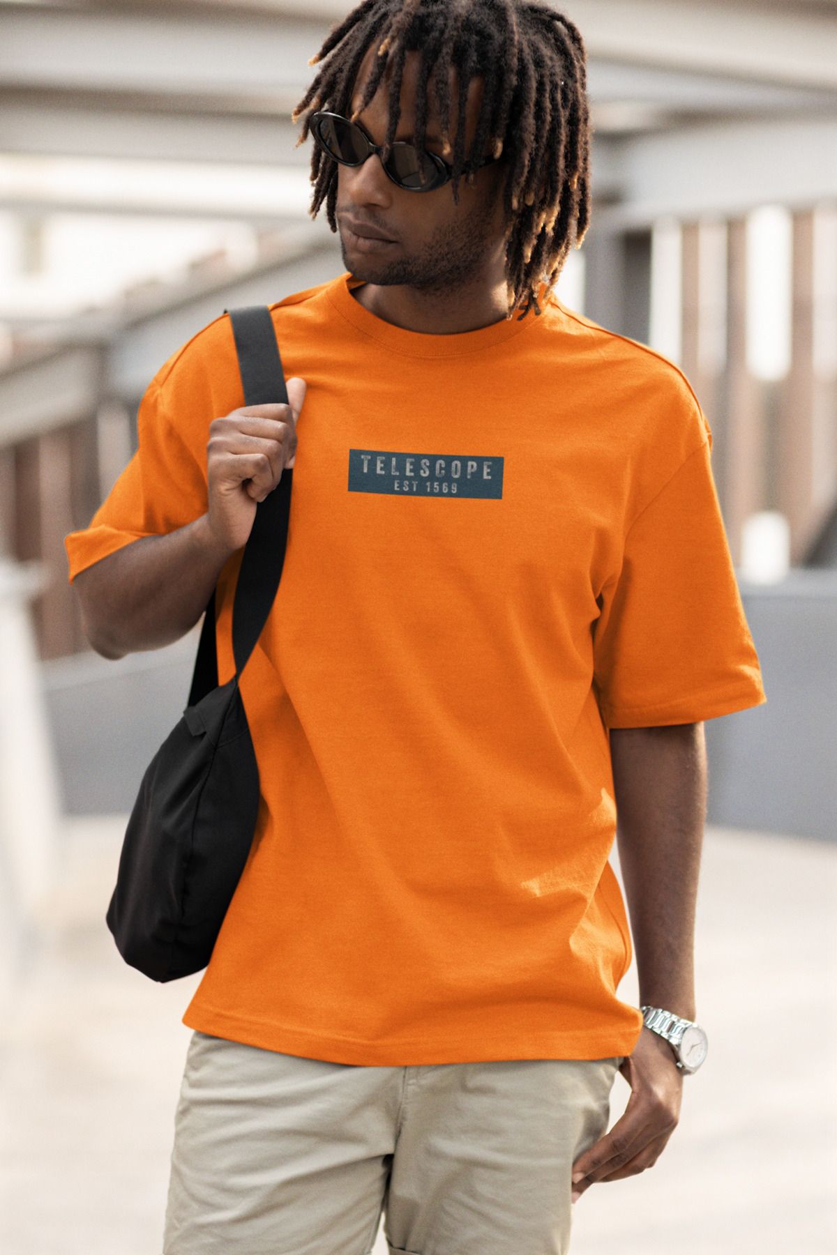 Uniquetex NUBENSE / TELAS-17 - Oversize Unisex Teleskop Baskılı Turuncu Bisiklet Yaka T-shirt (Bilim Tişört)