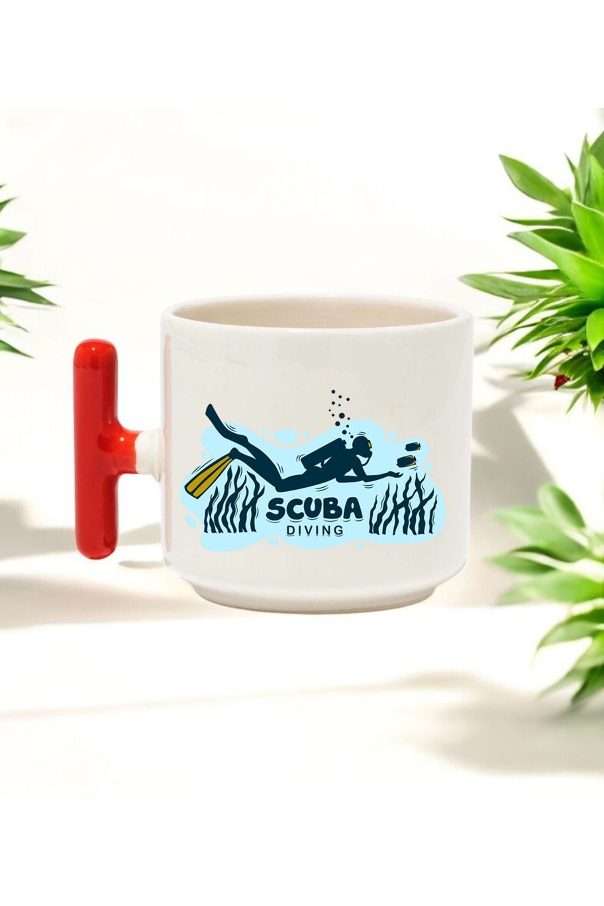 BB TRADE Scuba Diving Tasarımlı Kırmızı T Kulplu Seramik Baskılı Kupa Bardak 250 ML