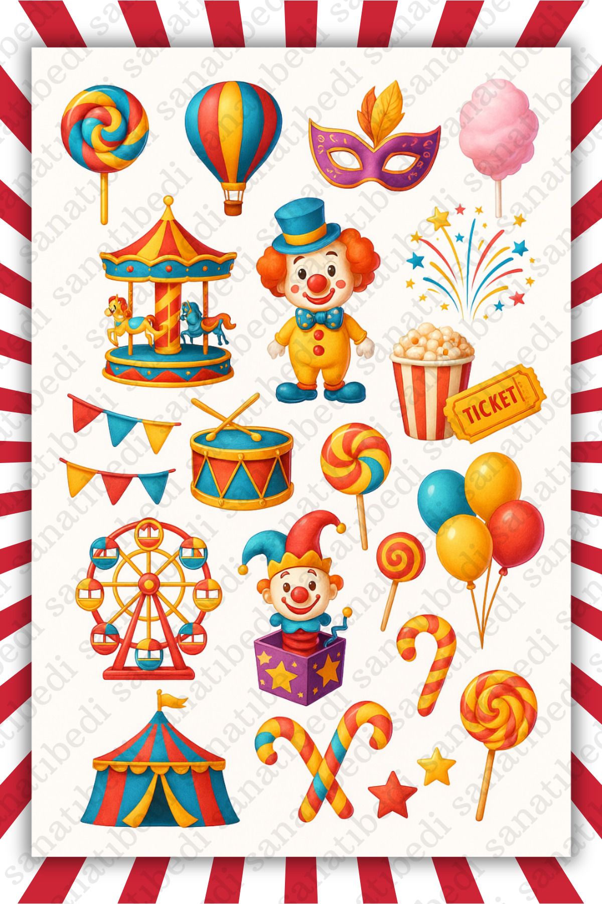 sanatıbedi Karnaval Sirk Sticker - Laptop Tablet Ajanda Journal Telefon Motor Kask için Suya Dayanıklı Etiket