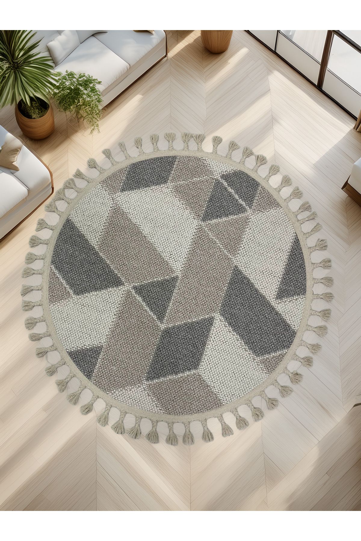 Trend Home Turgut Halı Yuvarlak Geometrik Desenli Halı Gri Krem Renkli Modern Püsküllü Şık Salon Modeli