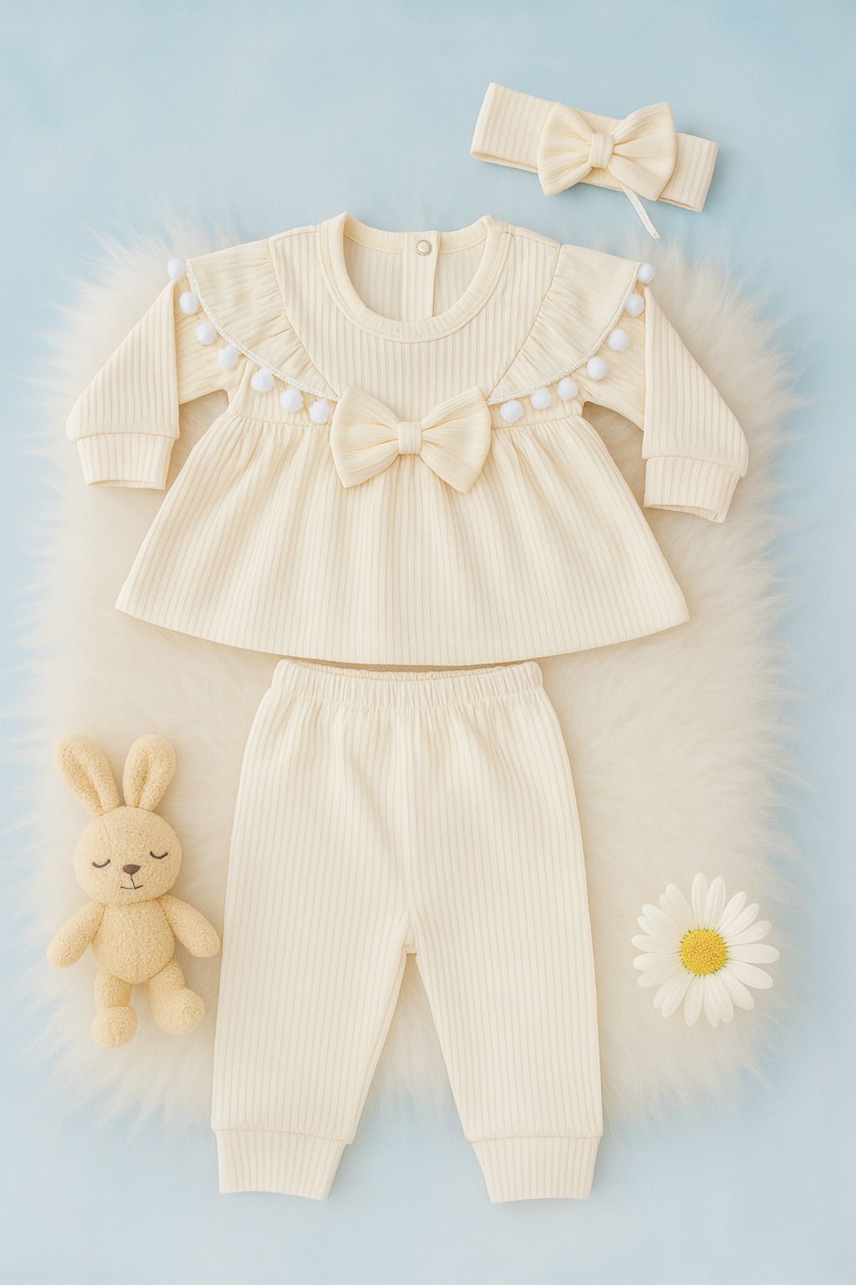 LITTLE&CO Yenidoğan Kız Bebek 0-18 Ay Bandanalı Fiyonk Detaylı Kız Bebek 3 Parça Takım