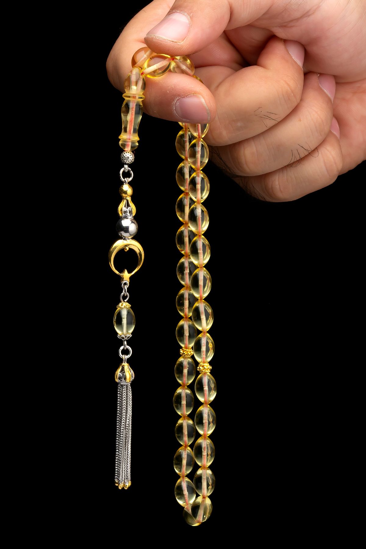 OTTOTESBİH Sertifikalı Gümüş Püskül Şeffaf Damla Kehribar Tesbih 8x12mm 21Gr Arpa Kesim