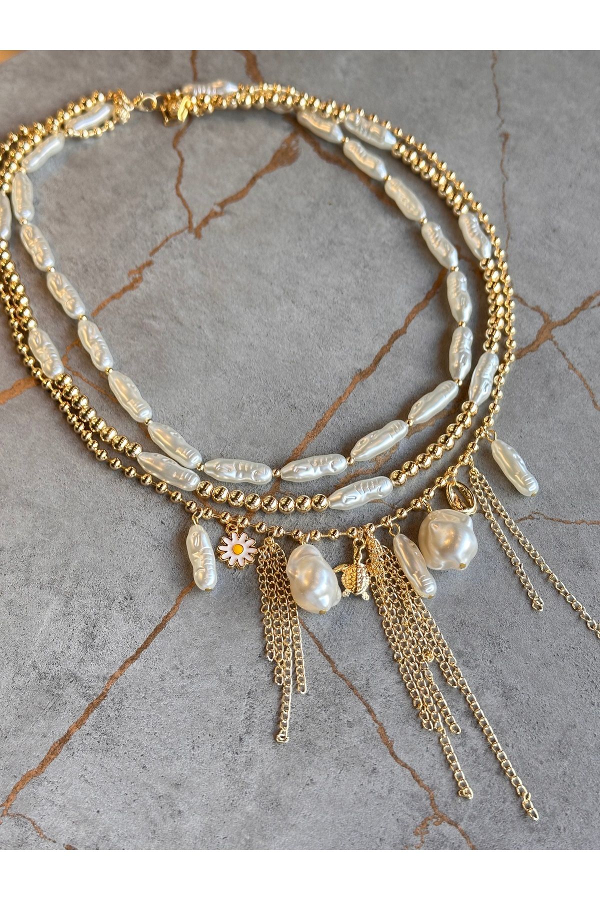 The Simu 14K Altın Kaplama İnci Charm Kolye