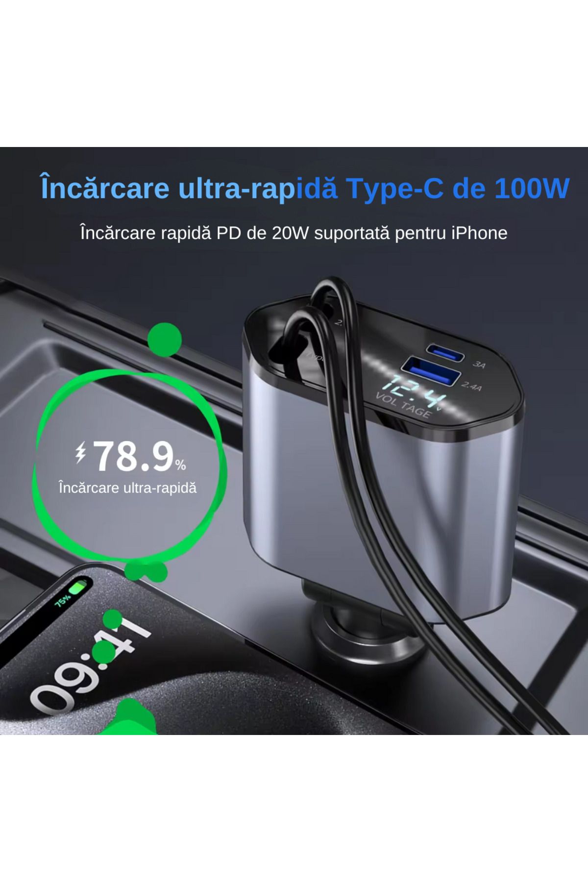 LUDORA-Incarcator Auto, Incarcare Rapida, Cablu de Date Tip-C 100W, iOS 20W si 2 Porturi USB 2.4A, Tip-C 3A 10