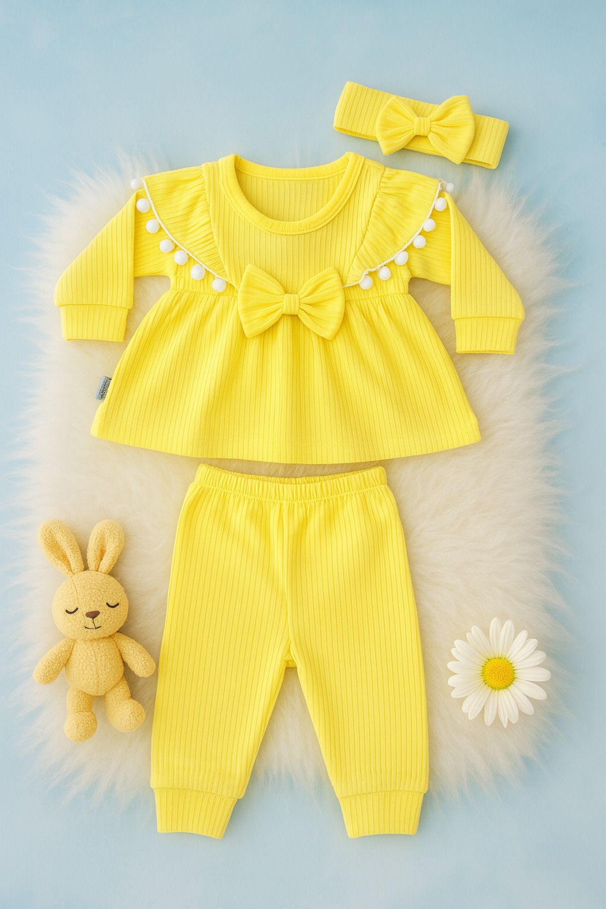 LITTLE&CO Yenidoğan Kız Bebek 0-18 Ay Bandanalı Fiyonk Detaylı Kız Bebek 3 Parça Takım
