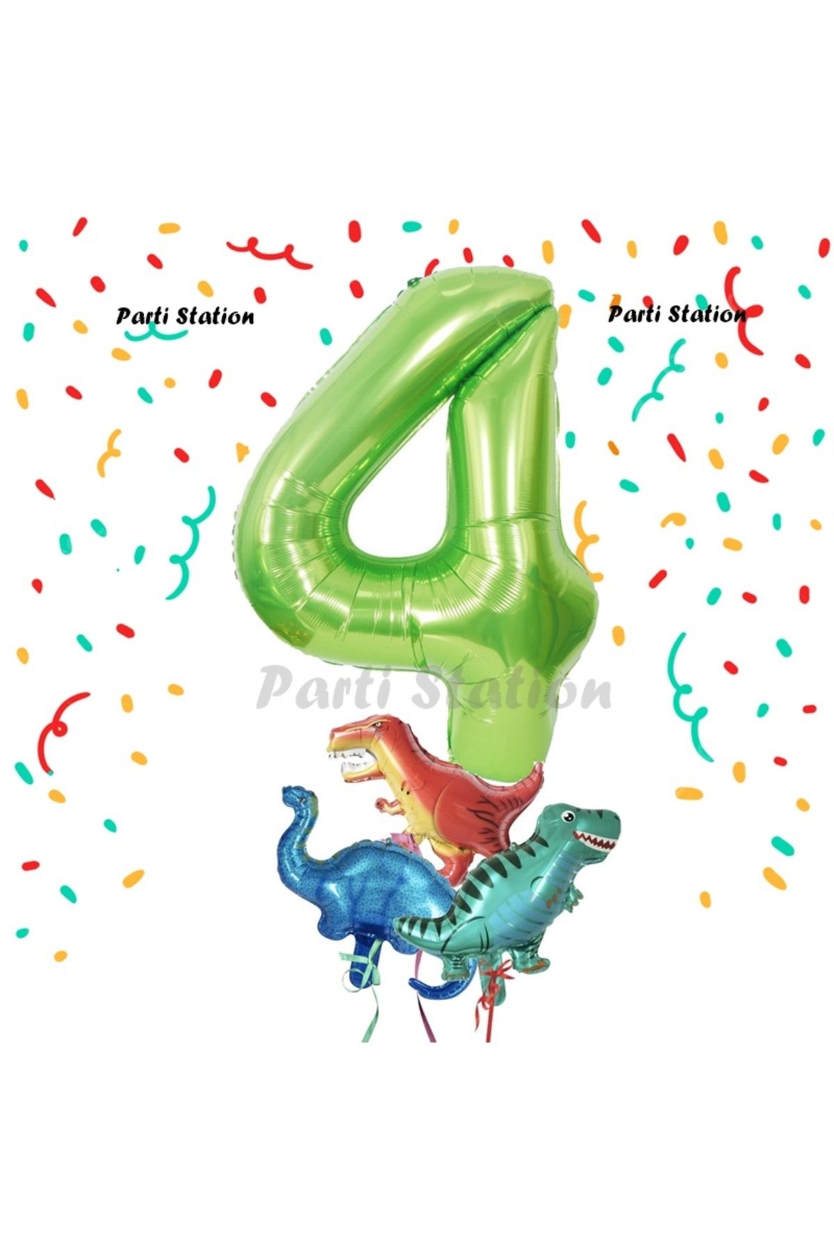 Partifest Yeşil Renk Rakam Balonlu Küçük Boy Dinozor Balonlu 4 Yaş Dinozor Konsept Doğum Günü Parti Balon Set