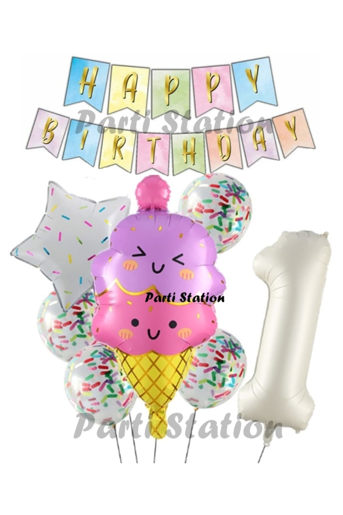 Partifest İce Cream Dondurma Konsept Doğum Günü 1 Yaş Balon Set Yaz Tema Sevimli Dondurma Folyo Balon Set