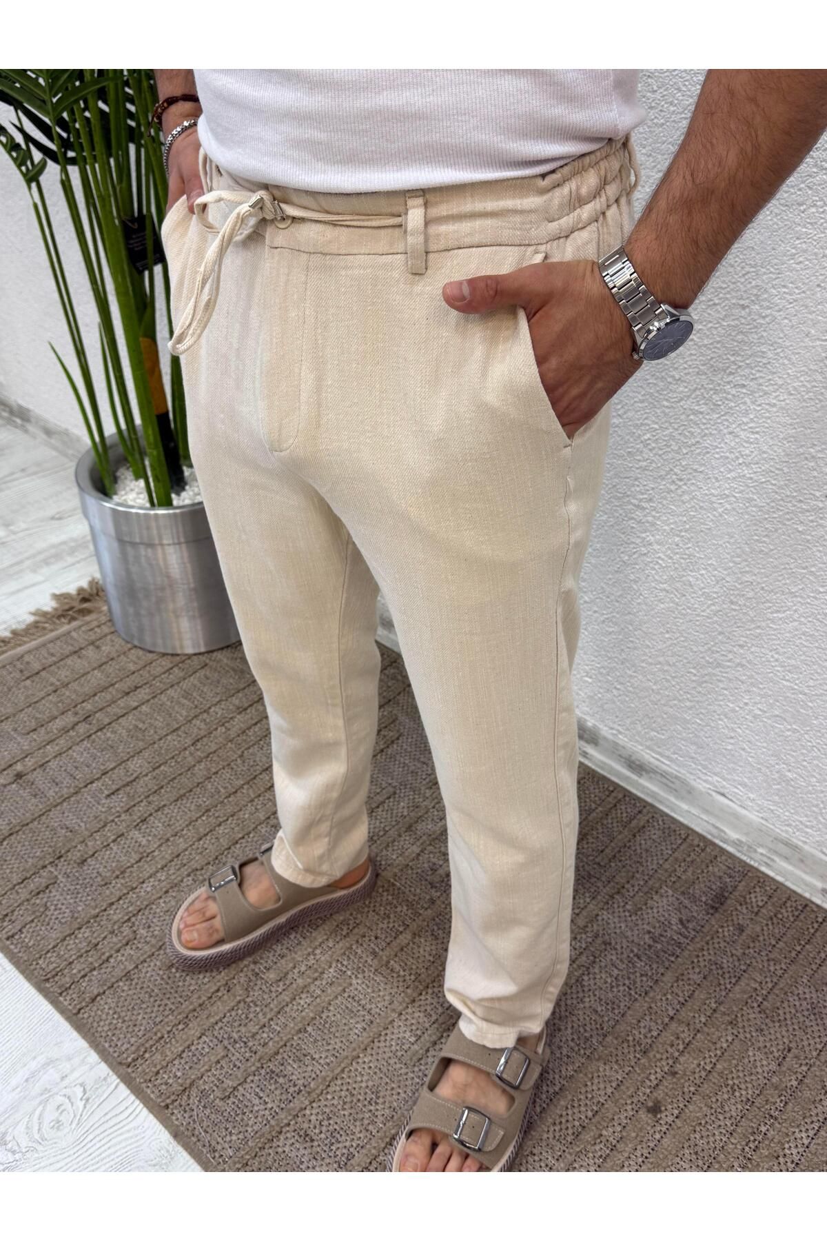 Yubacollection Yazlık Keten Pantolon Beyaz