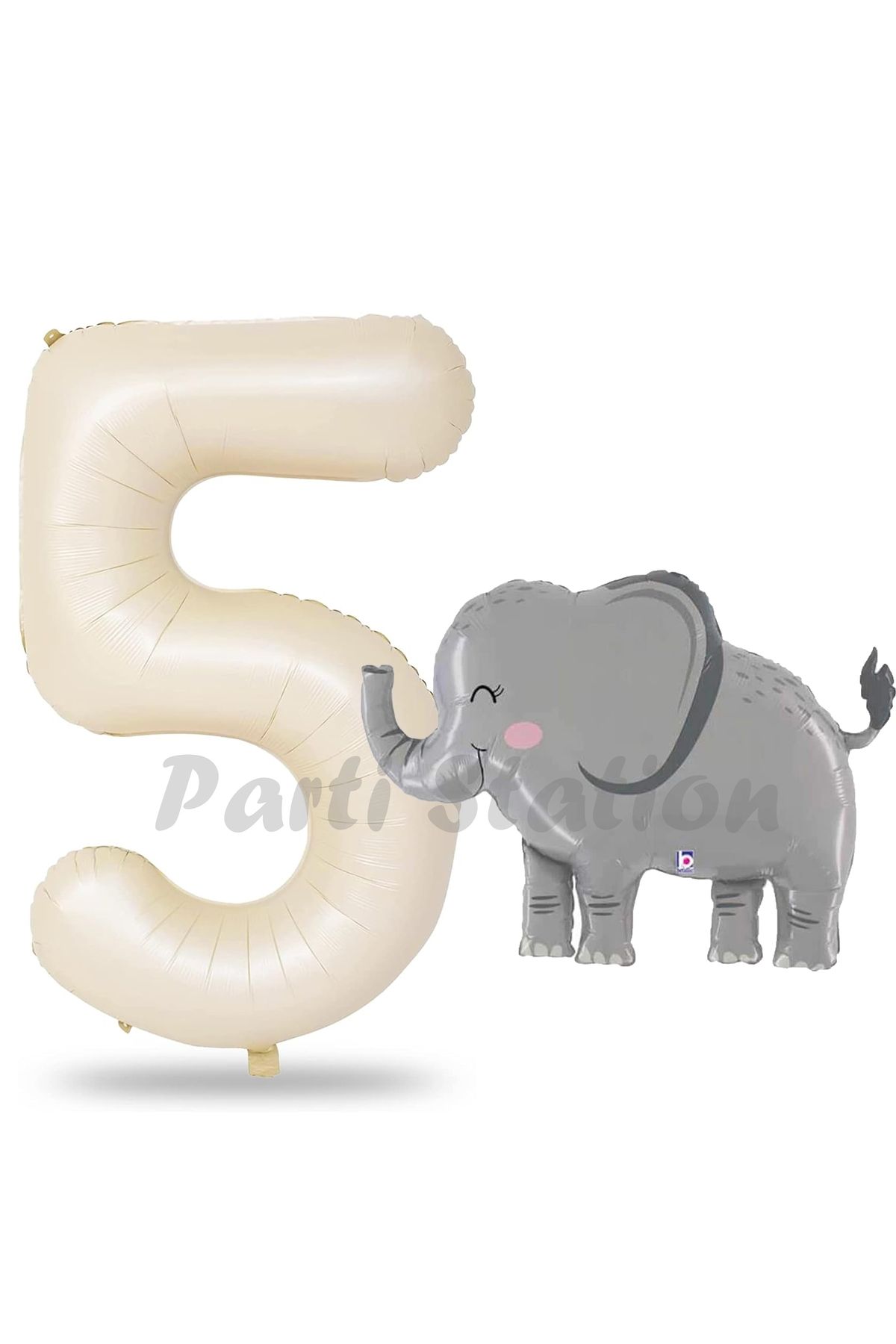 Partifest Sevimli Fil Balon 5 Yaş Doğum Günü Balon Set Safari Konsept Fil Balon ve Krem Renk Rakam Balon
