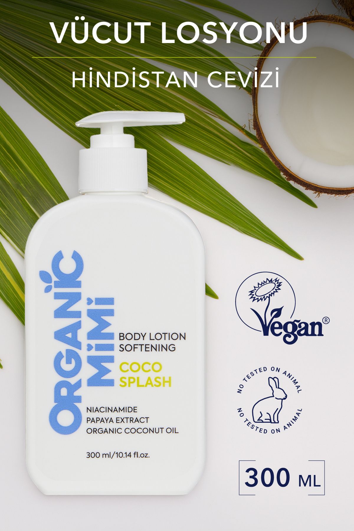 ORGANİC MİMİ Vücut Losyonu Coco Splash, 300 ml – Yumuşatıcı Nemlendirici Vücut Kremi | Vegan Kadın Vücut Bakımı